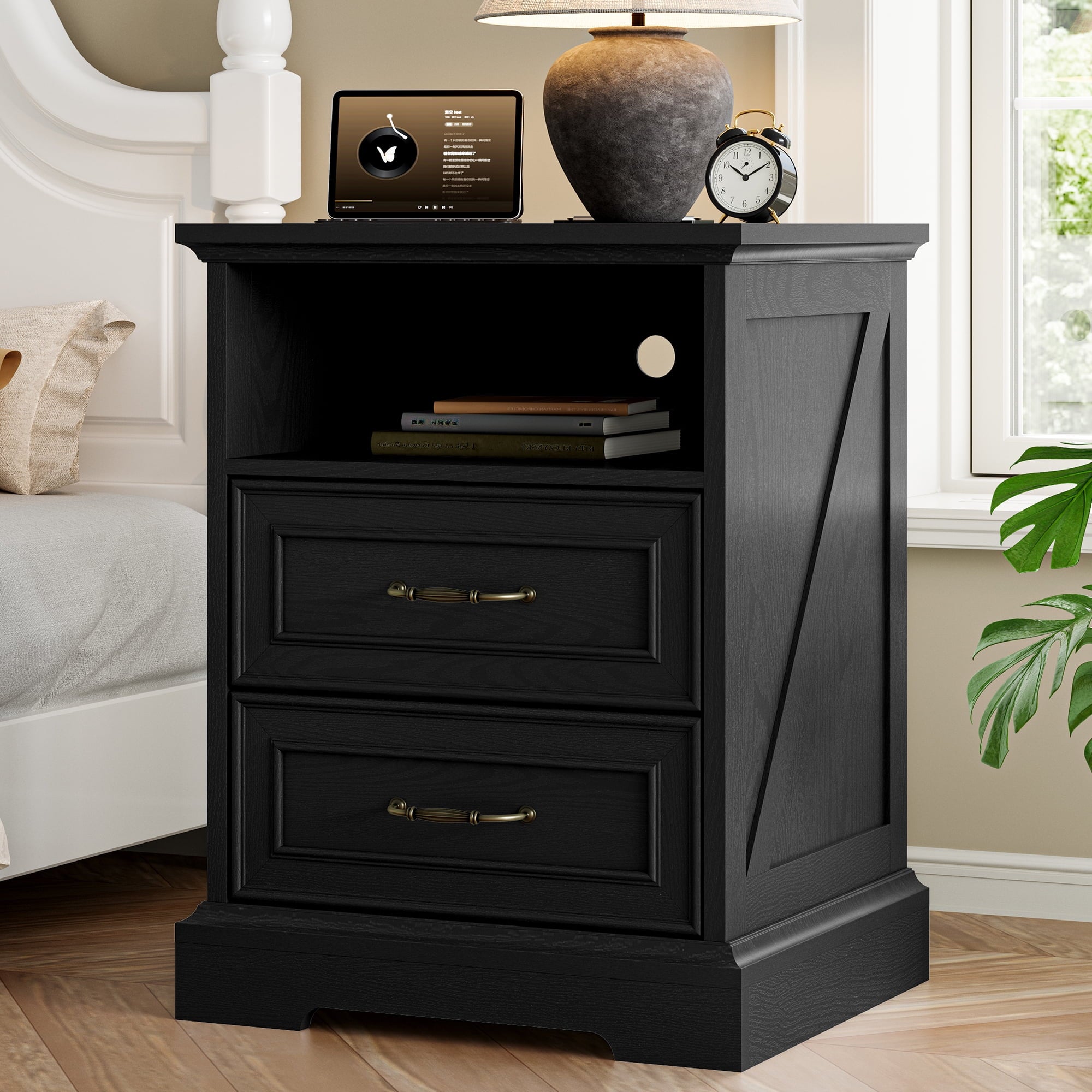 FANRAL Wood Nightstand with Charging Station for Bedroom,Farmhouse End Side Table with 2 Drawers for Living Room