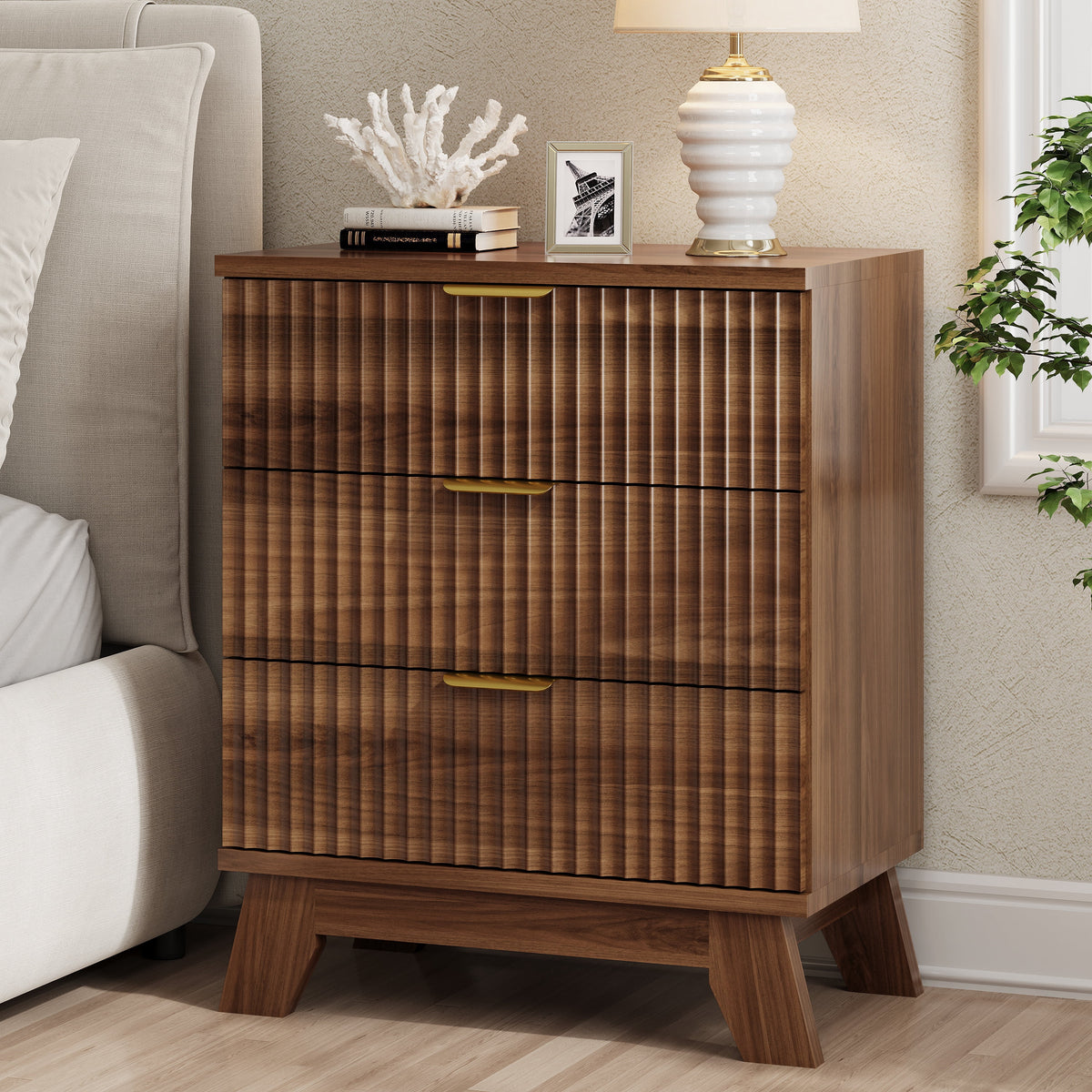 FANRAL 3 Large Drawer Nightstand,30" Tall Night Stand,24" Wide Side Table, Fluted Bedside Table Modern End Table Small Dresser for Bedroom, Nightstand