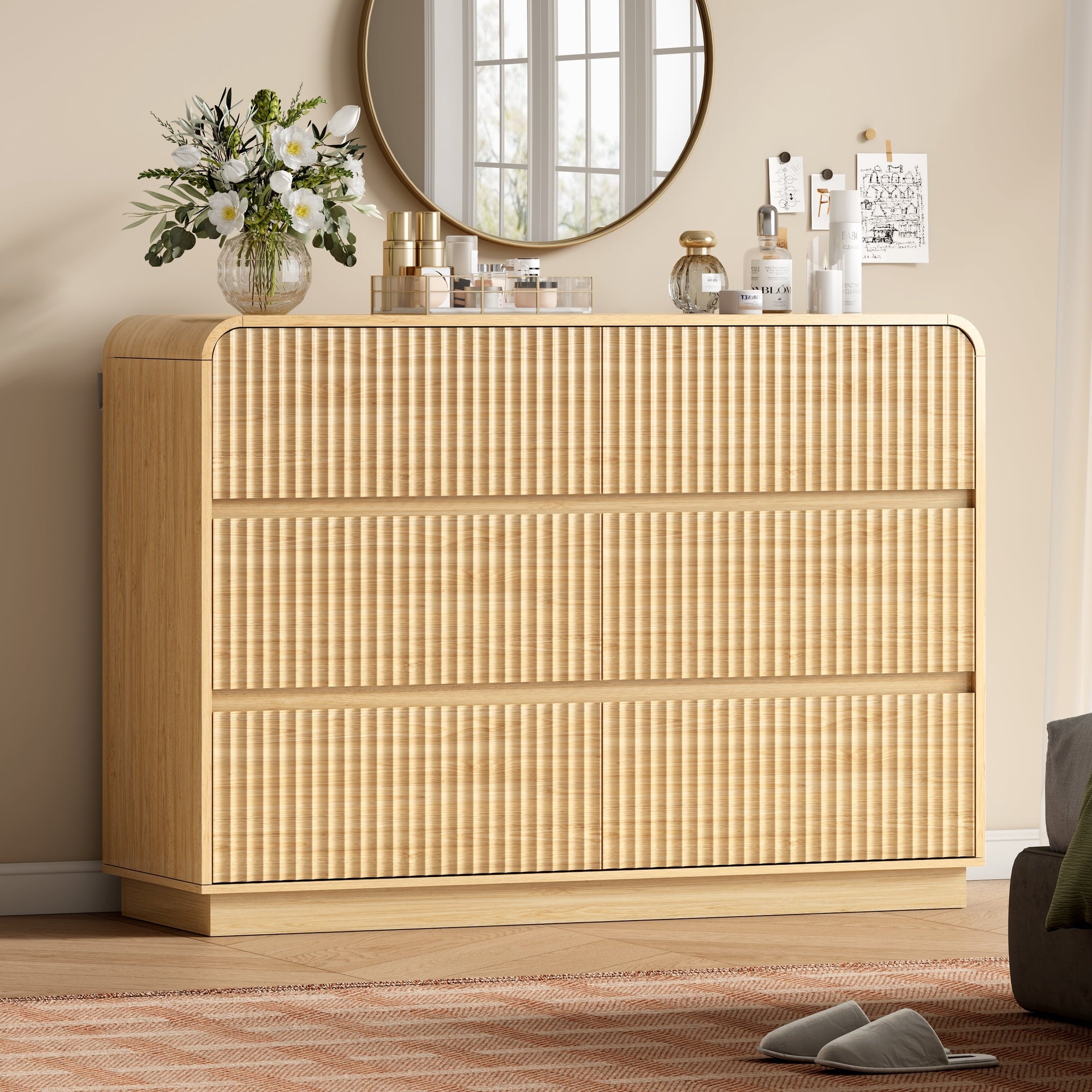 FANRAL 6 Drawer Wide Dresser with LED Lights,Modern Fluted Chest of Drawers with Floating LED Base, Dresser for Bedroom