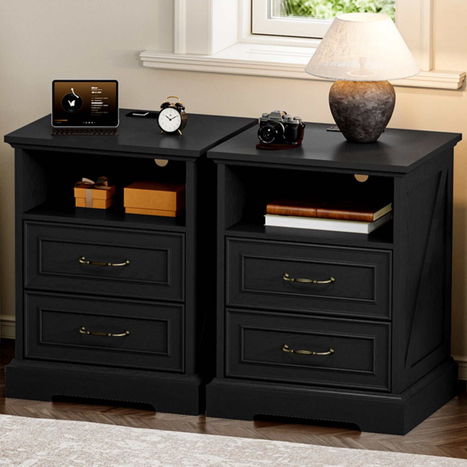 FANRAL Wood Nightstand with Charging Station for Bedroom,Farmhouse End Side Table with 2 Drawers for Living Room