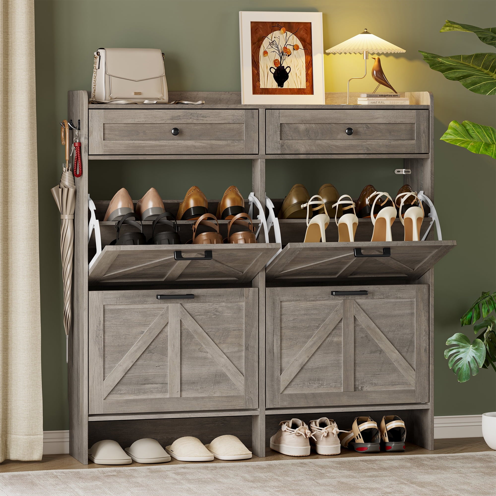 FANRAL Shoe Cabinet with 2 Flip Drawer & 2 Storage Drawer,Farmhouse Narrow Shoe Rack with Adjustable Shelve & Hook for Entryway,Hallway,