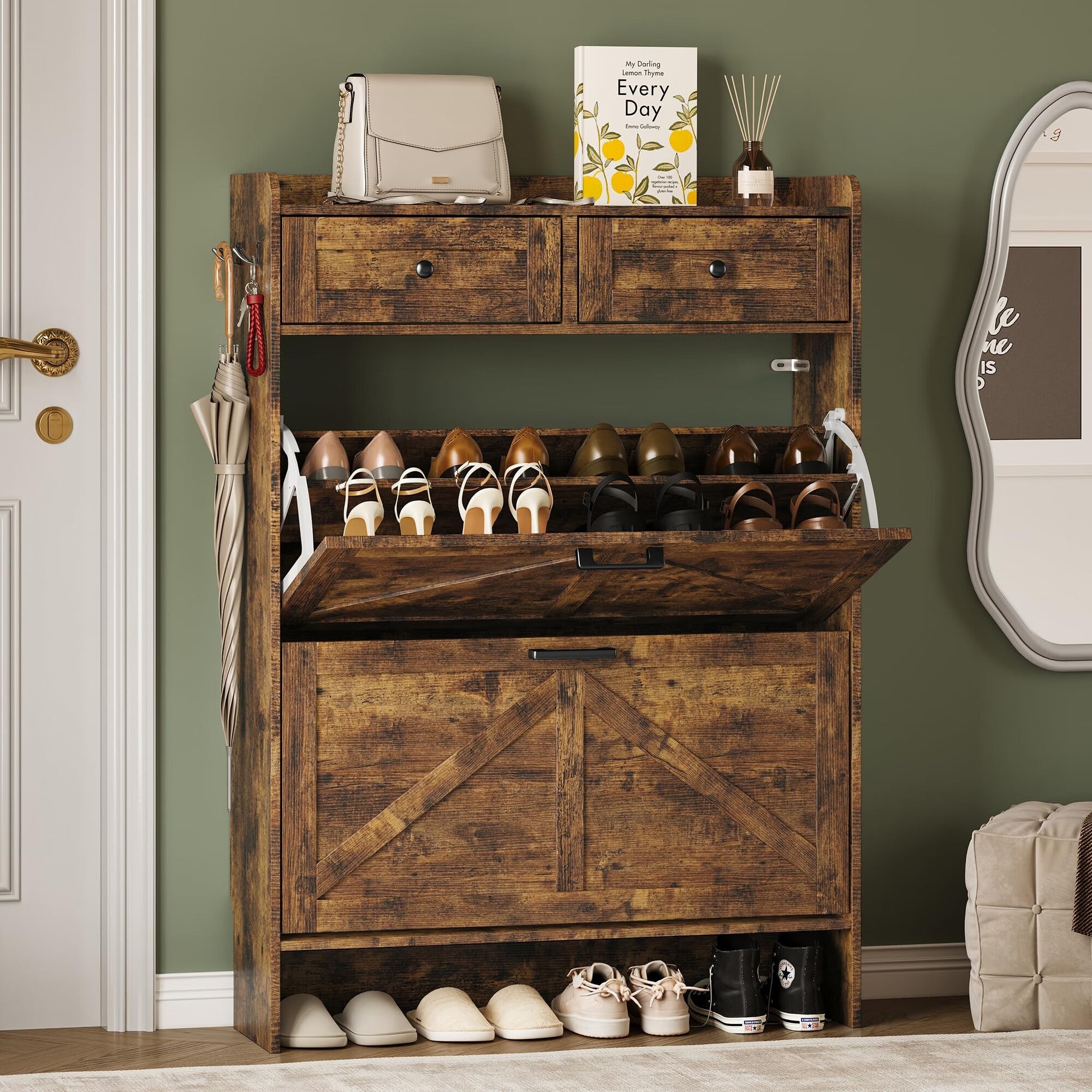FANRAL Shoe Cabinet with 2 Flip Drawer & 2 Storage Drawer,Farmhouse Narrow Shoe Rack with Adjustable Shelve & Hook for Entryway,Hallway,