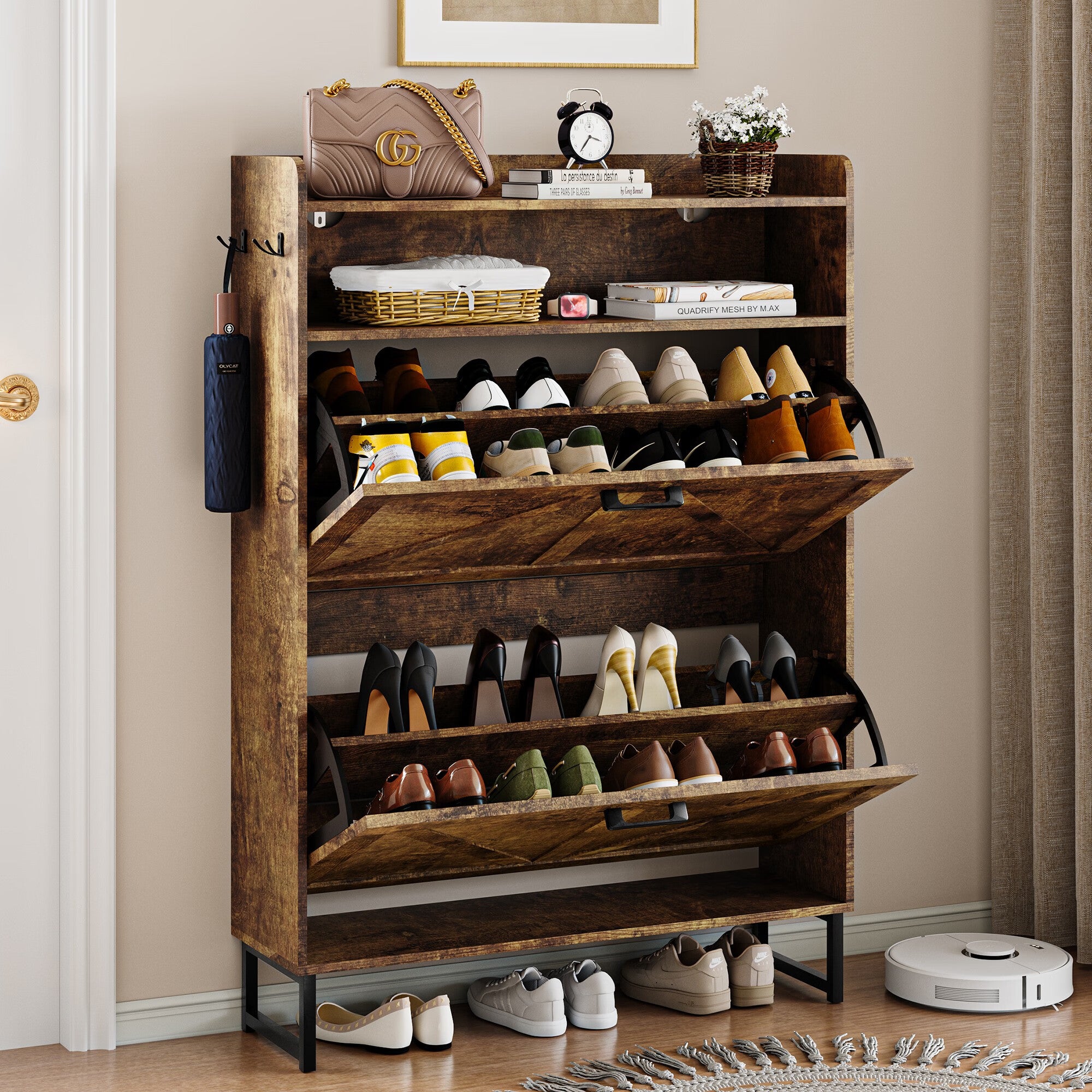 FANRAL Shoe Storage Cabinet for Entryway,2 Flip Drawer & Open Storage Shoe Rack Organizer,en Narrow Shoes Cabinet,