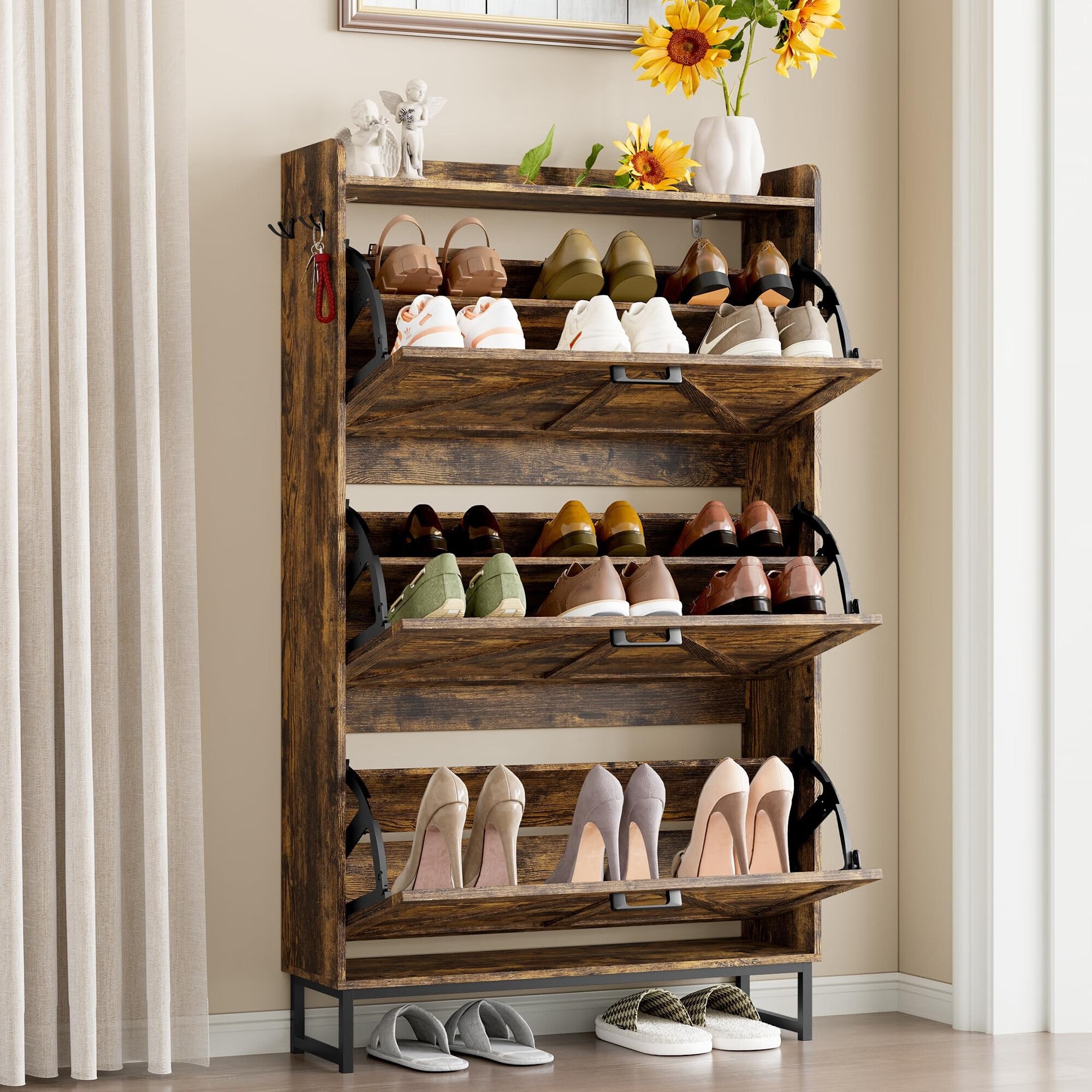 FANRAL Shoe Storage Cabinet for Entryway,2 Flip Drawer & Open Storage Shoe Rack Organizer,en Narrow Shoes Cabinet,