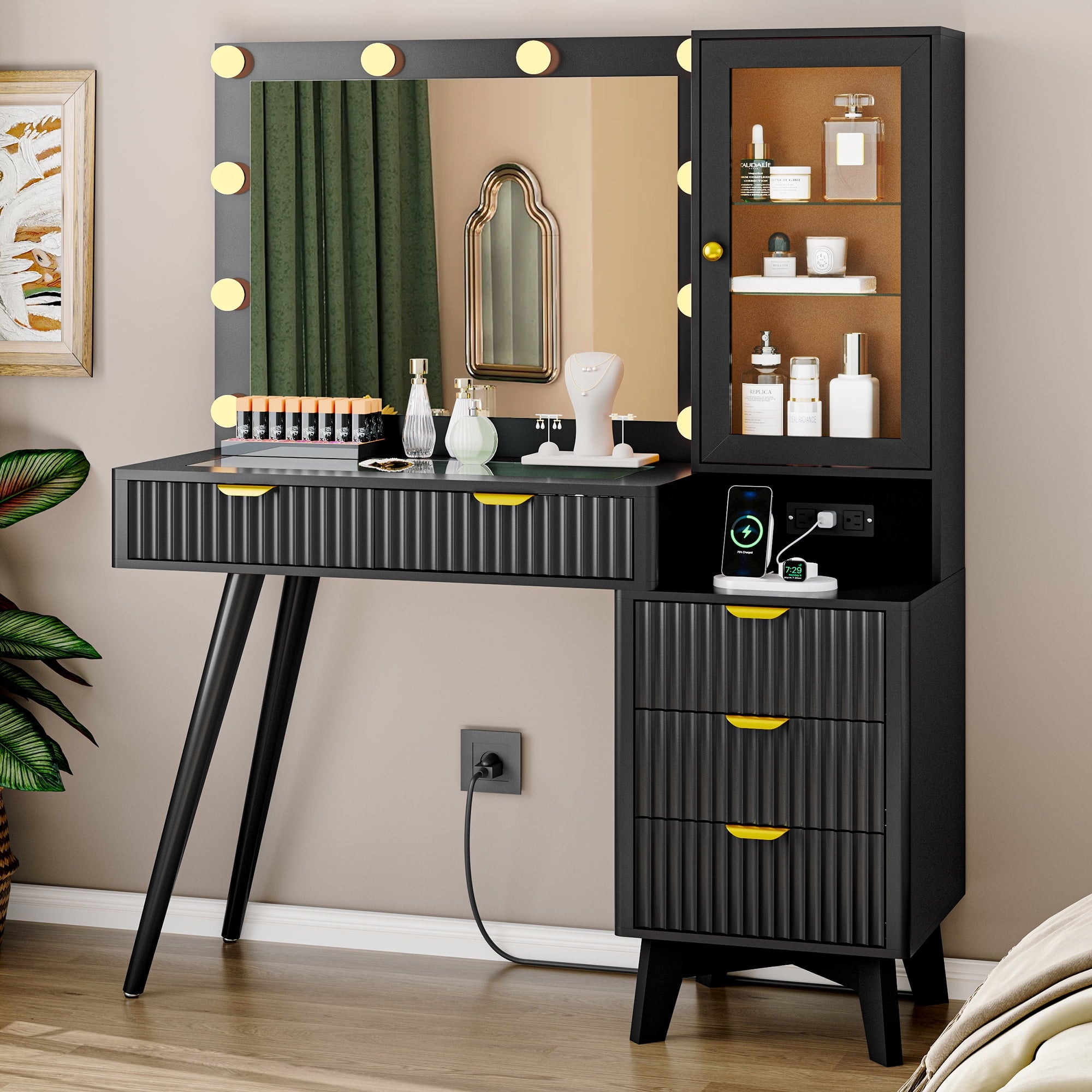 FANRAL LED Lighted Mirror Vanity Desk with Fluted Design,Charging Station & Glass Top,Modern Dressing Table with Storage Drawers & Shelves for Bedroom, Vanity