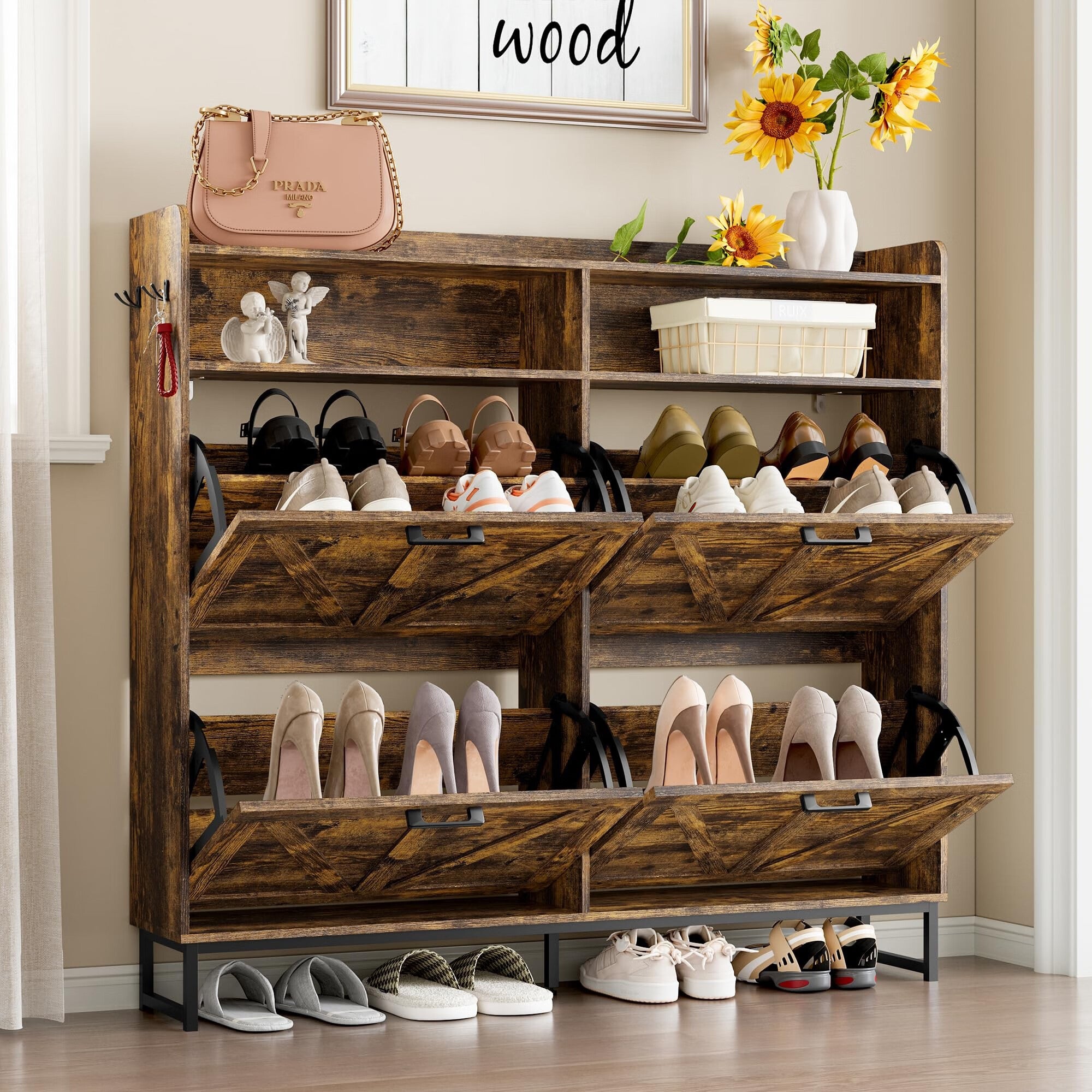 FANRAL Shoe Storage Cabinet for Entryway,2 Flip Drawer & Open Storage Shoe Rack Organizer,en Narrow Shoes Cabinet,