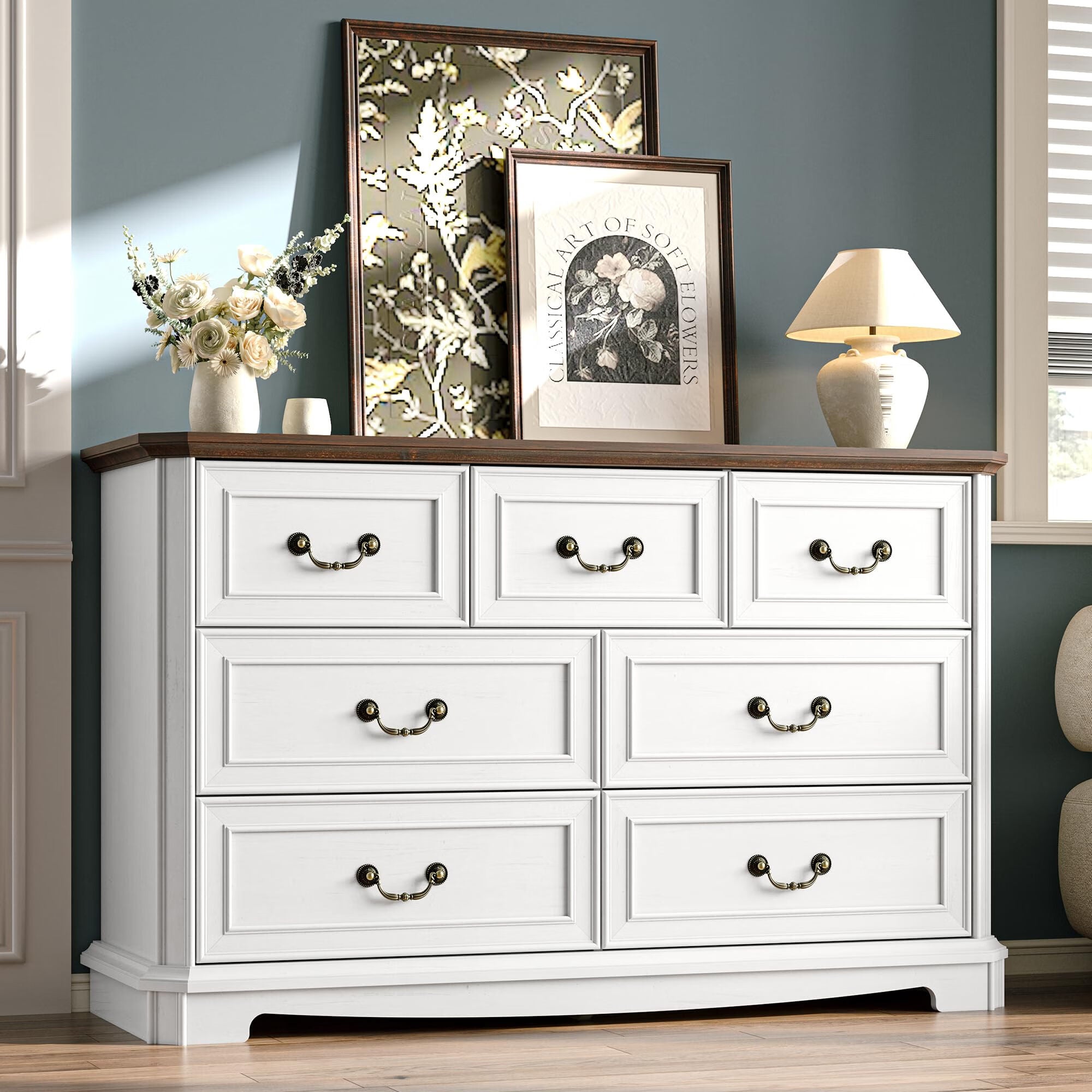 FANRAL Farmhouse 6 Drawers Dresser,Rustic Dresser for Bedroom,Chest of Drawers with Metal Handle,en Dresser for Closet, Dresser