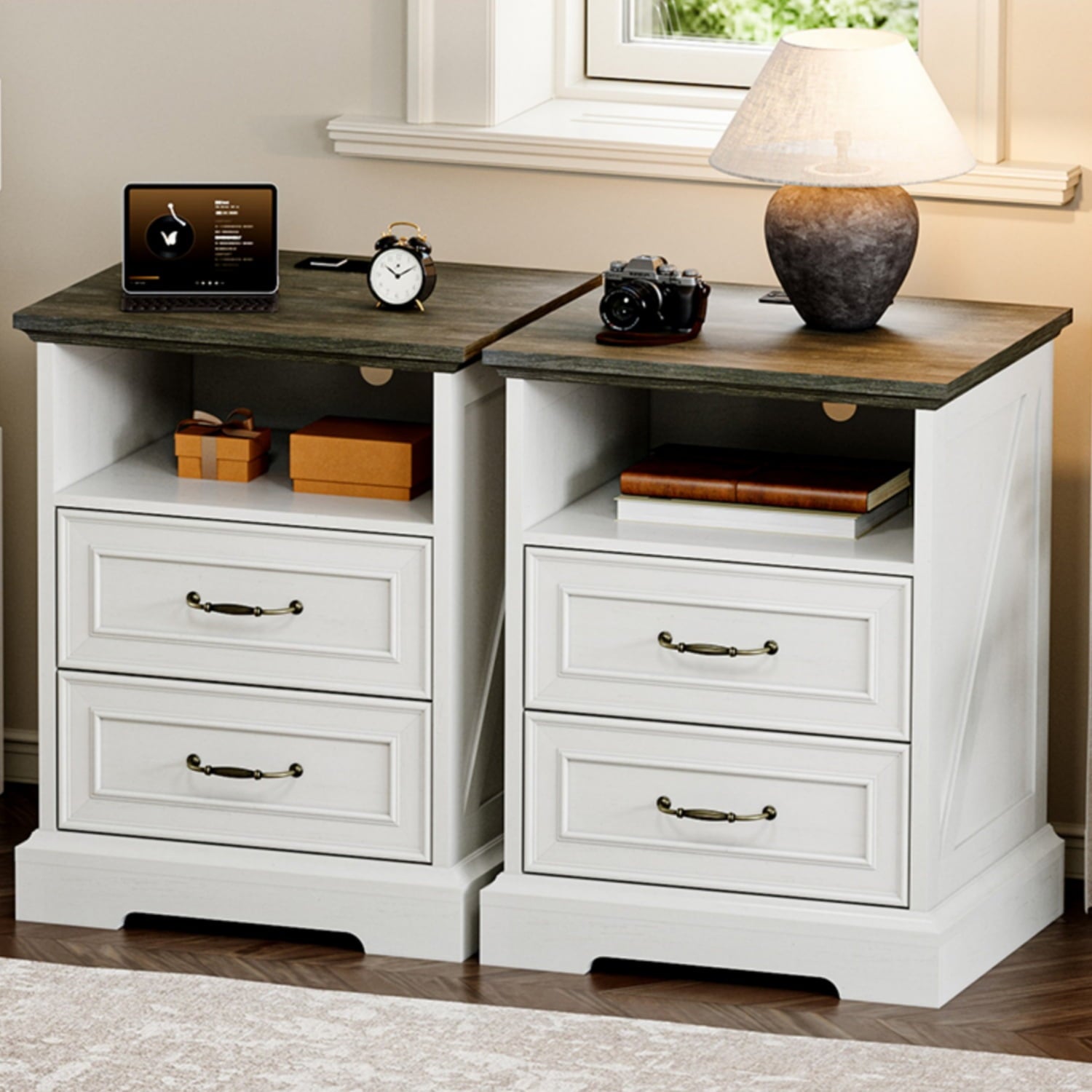 FANRAL Wood Nightstand with Charging Station for Bedroom,Farmhouse End Side Table with 2 Drawers for Living Room