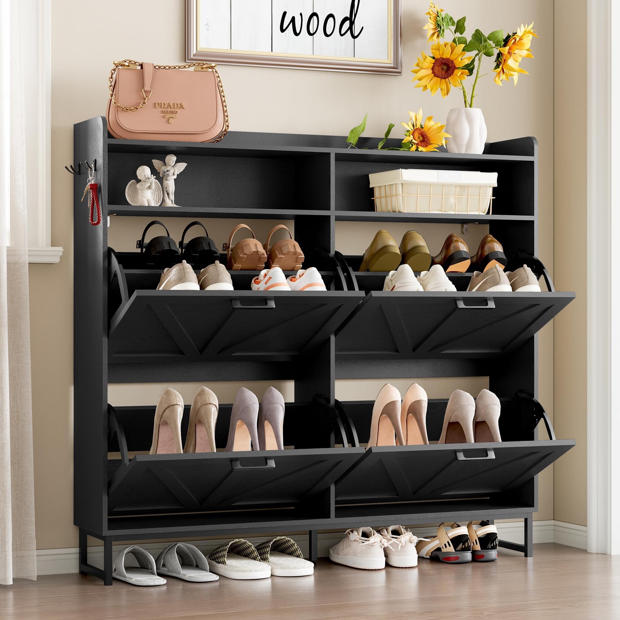FANRAL Shoe Storage Cabinet for Entryway,2 Flip Drawer & Open Storage Shoe Rack Organizer,en Narrow Shoes Cabinet,
