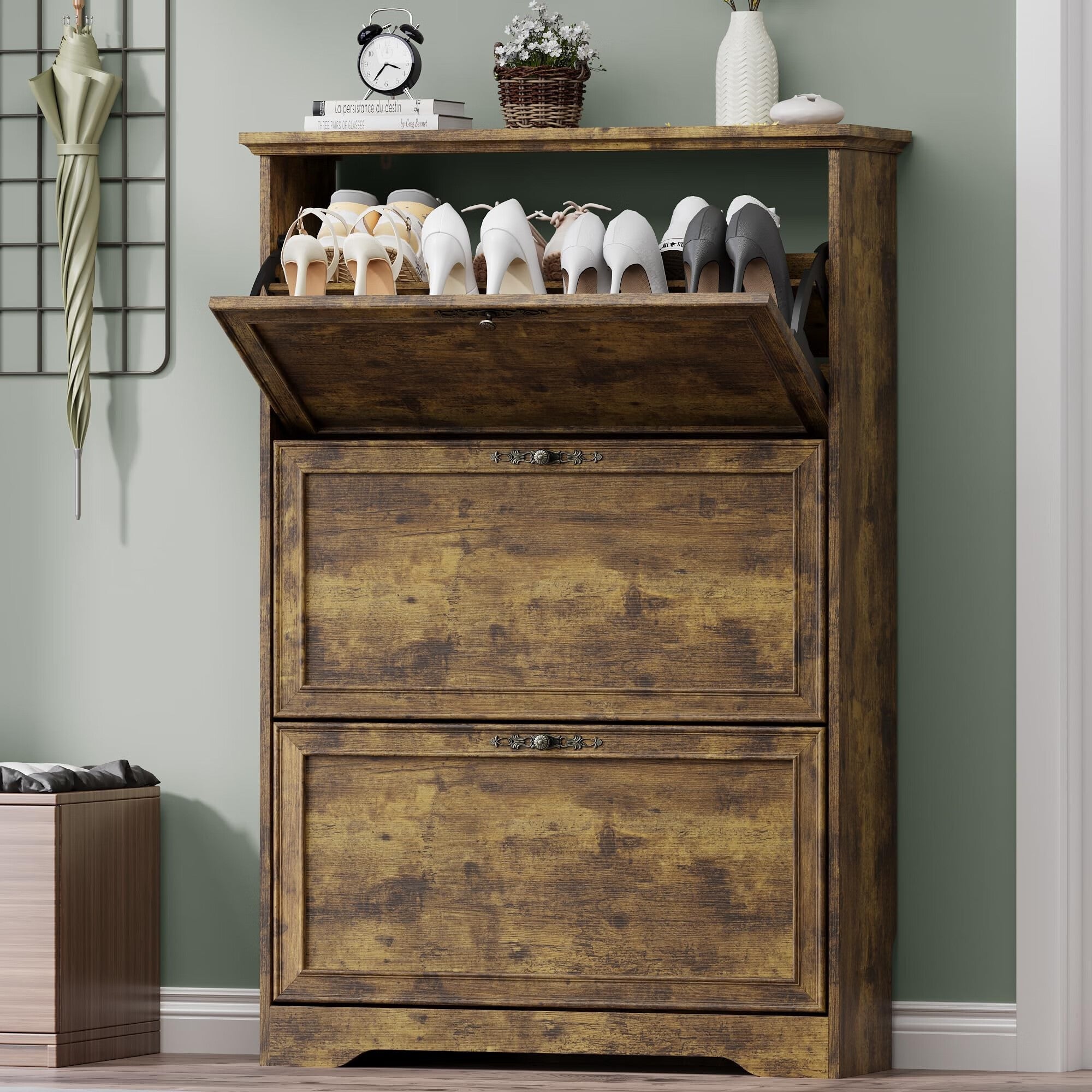 FANRAL Shoe Cabinet with 2 Flip Drawers & Open Storage,Adjustable Shelves en Slim Shoe Storage Cabinet and Rack for Entryway,
