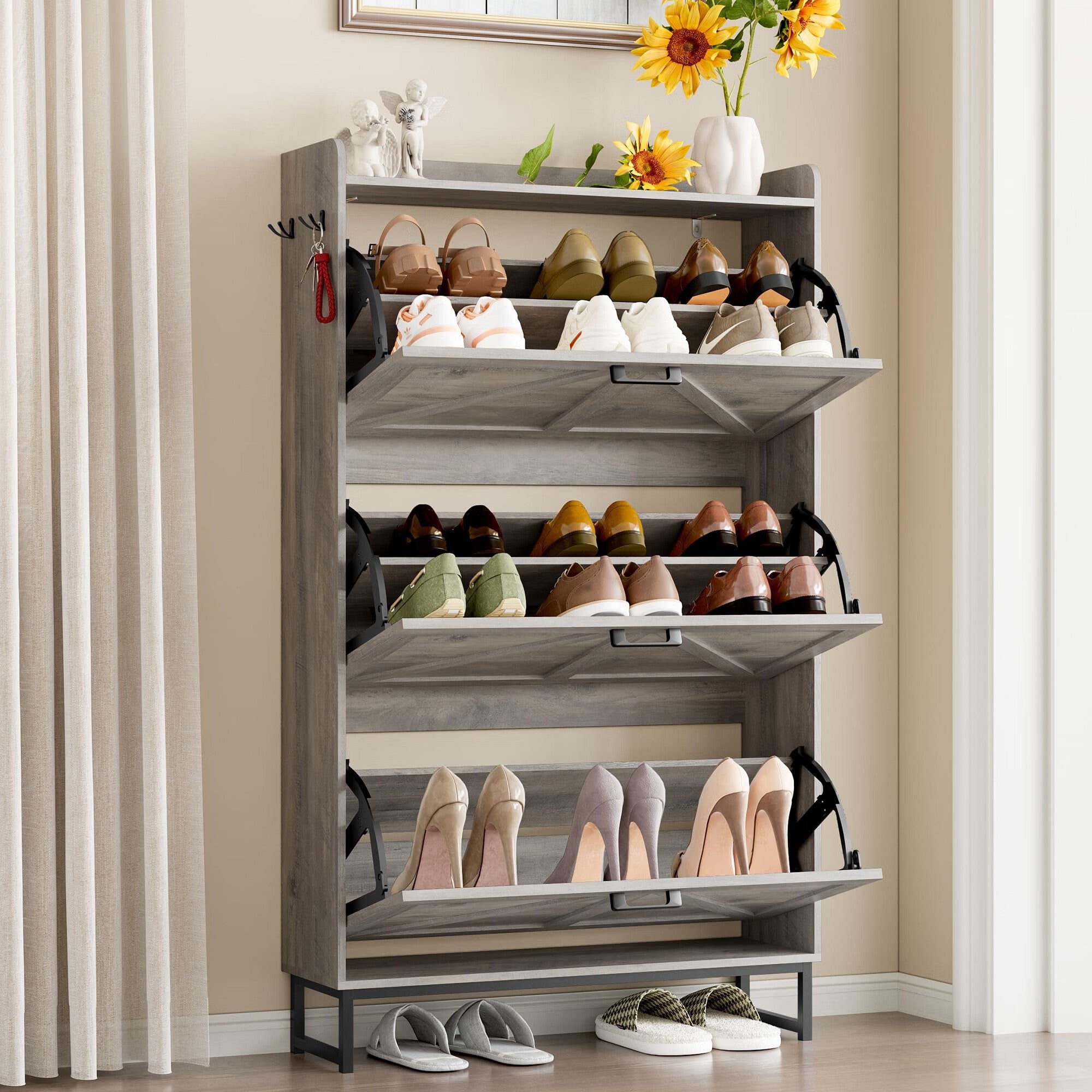 FANRAL Shoe Storage Cabinet for Entryway,2 Flip Drawer & Open Storage Shoe Rack Organizer,en Narrow Shoes Cabinet,