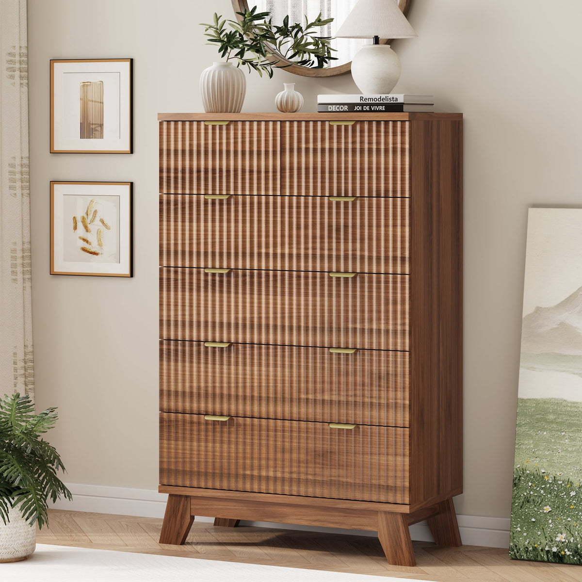 FANRAL 6 Drawers Dresser Fluted Dresser for Bedroom,en Chest of Drawers Modern Dresser for Closet, Dresser