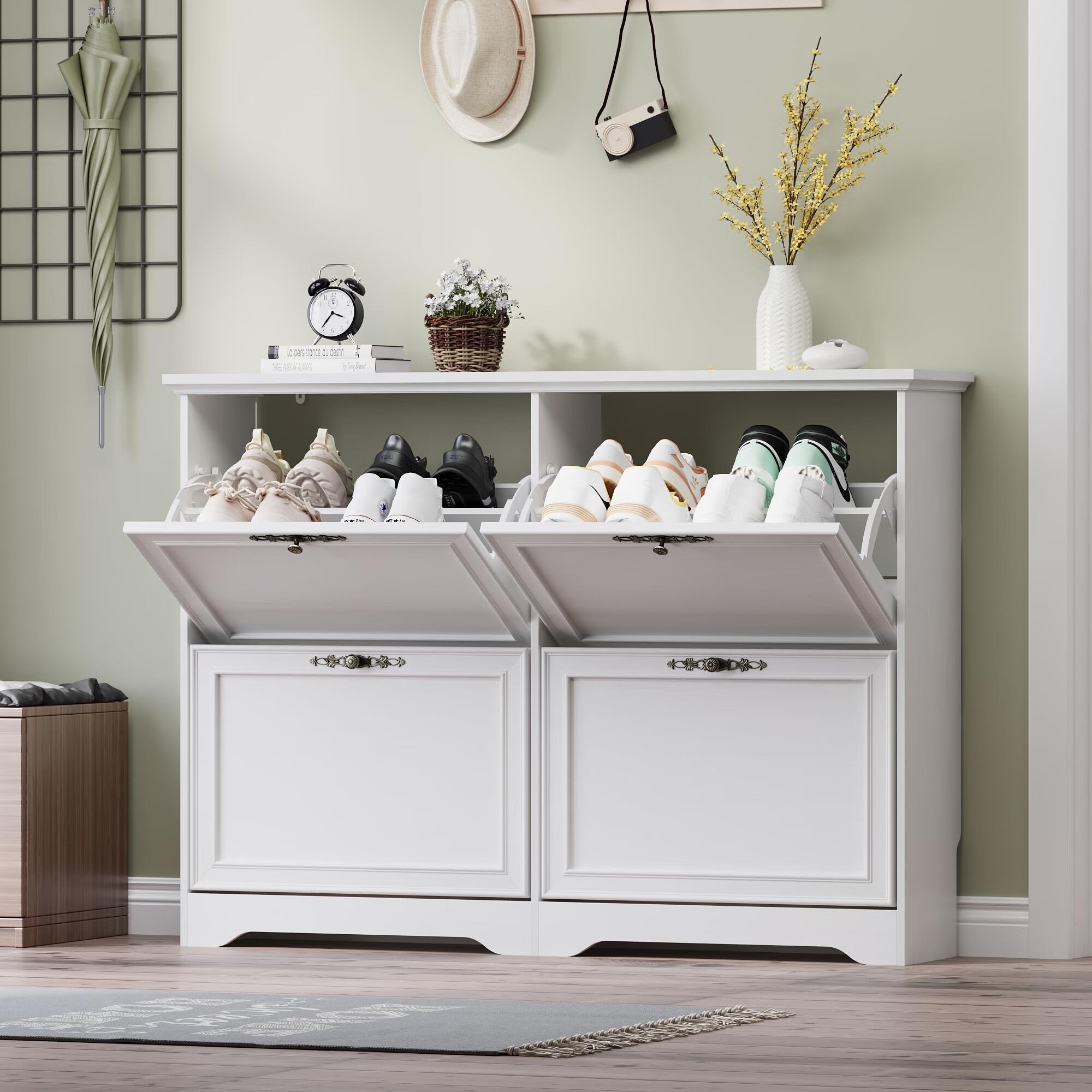 FANRAL Shoe Cabinet with 2 Flip Drawers & Open Storage,Adjustable Shelves en Slim Shoe Storage Cabinet and Rack for Entryway,