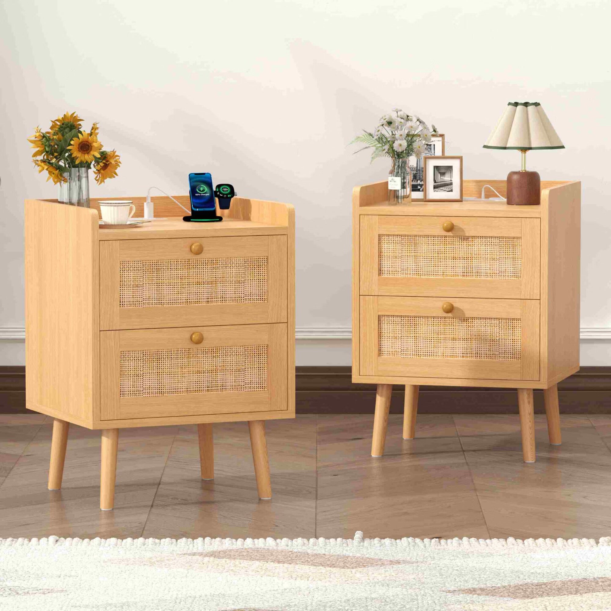 FANRAL Rattan Large Nightstand,27.6"H Tall Night Stand,Wide Modern 3 Drawers,Boho Bedside Table Narrow Side Table for Bedroom Living Room,