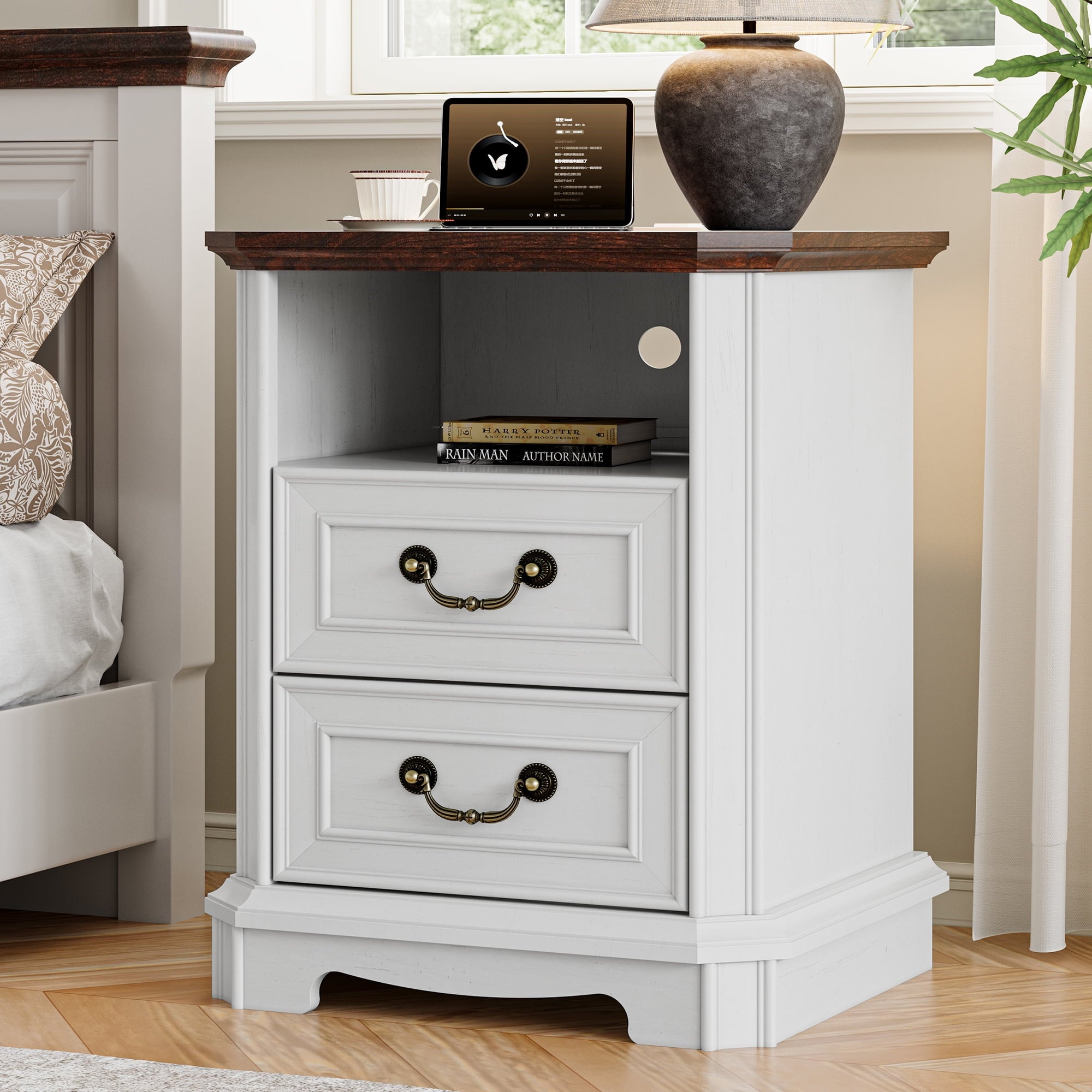 FANRAL Nightstand with Charging Station for Bedroom,Farmhouse End Side Table with 2 Drawers for Living Room, Nightstand