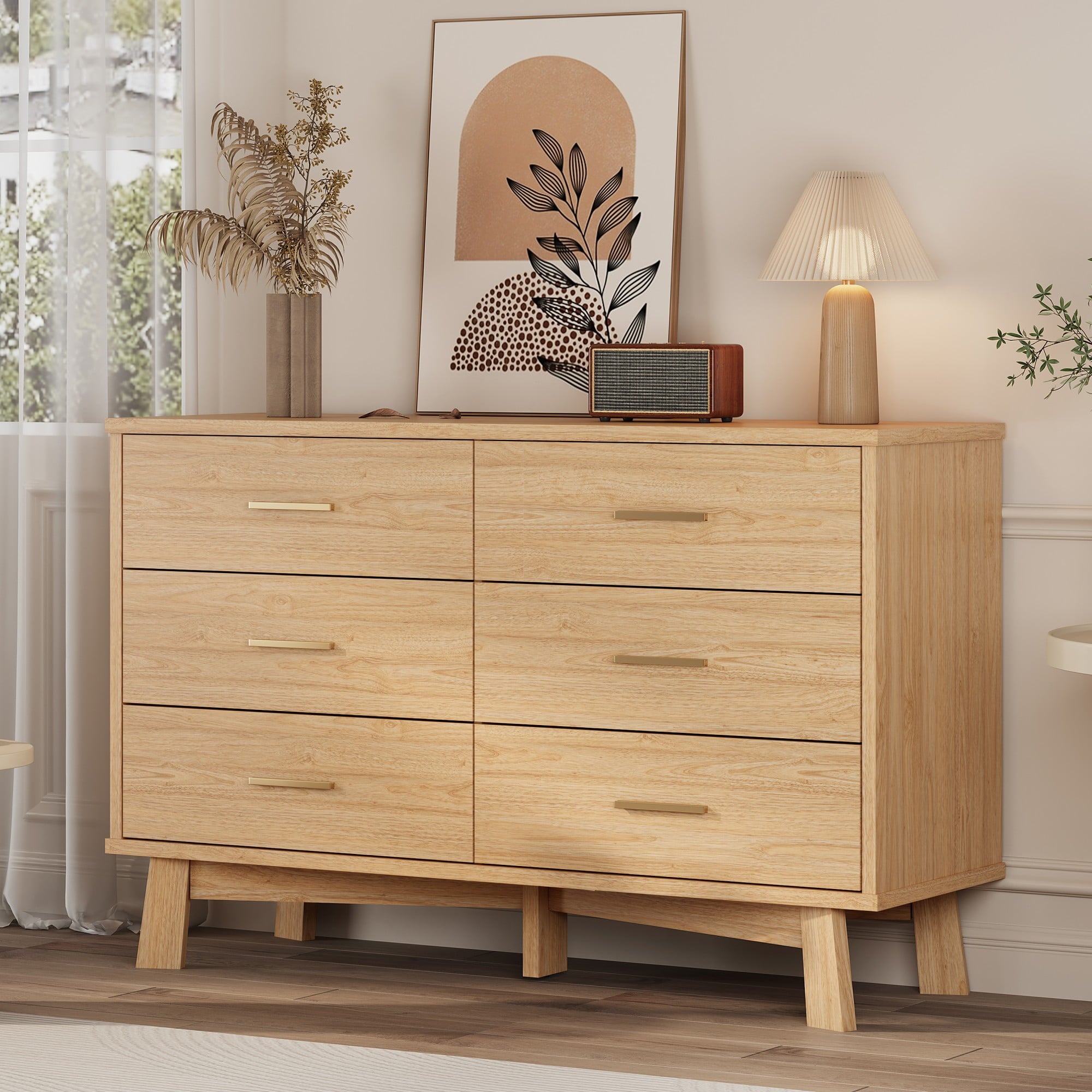 FANRAL 6 Drawers Dresser for Bedroom, Modern Chest of Drawers with X-Shaped Sturdy Base, Dresser
