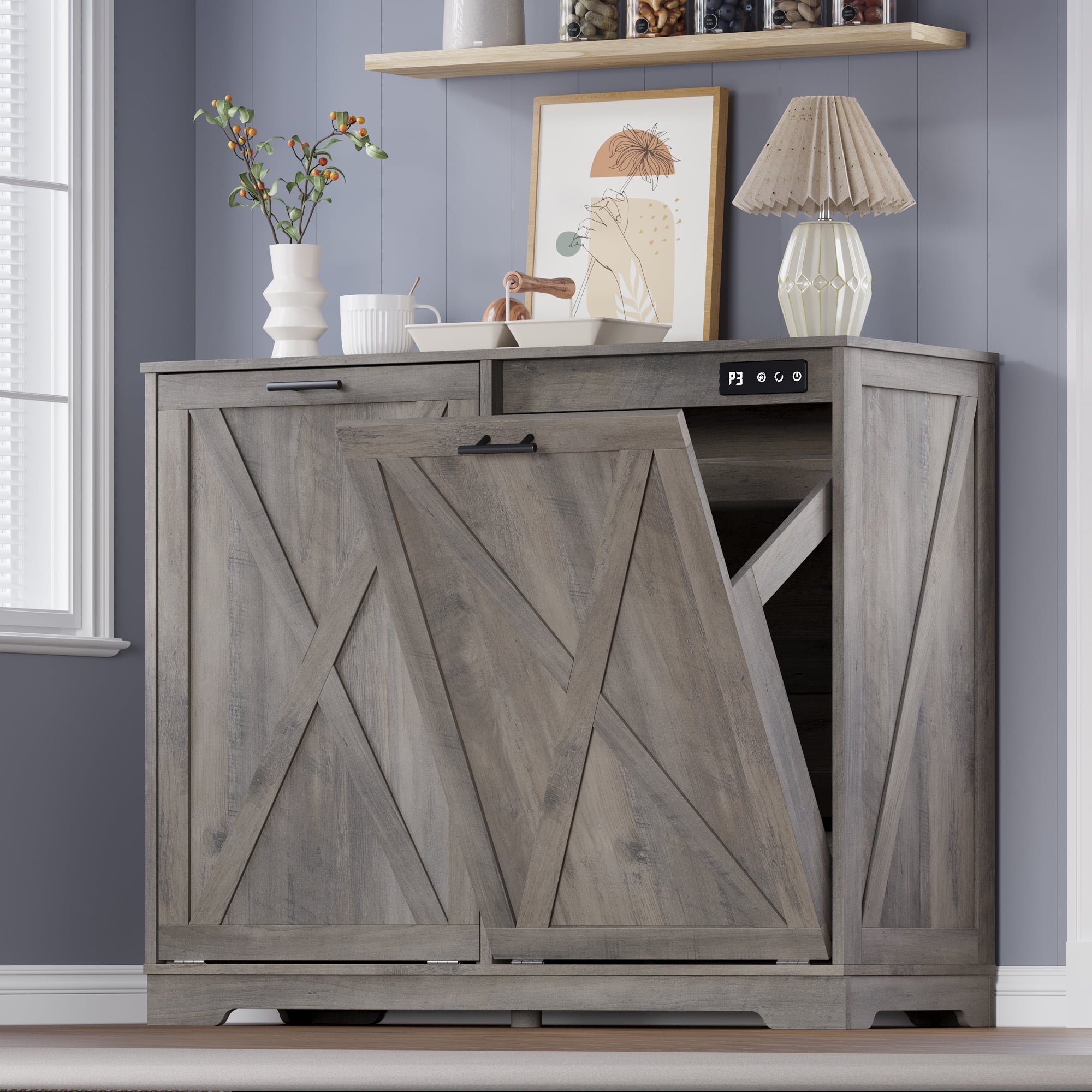 FANRAL Tilt Out Trash Can Cabinet for 2 Bins,Hidden Recycle Garbage Enclosure with Negative Ion & Ozone Odor Control,en Double Storage Cabinet for Kitchen Bathroom Laundry Room
