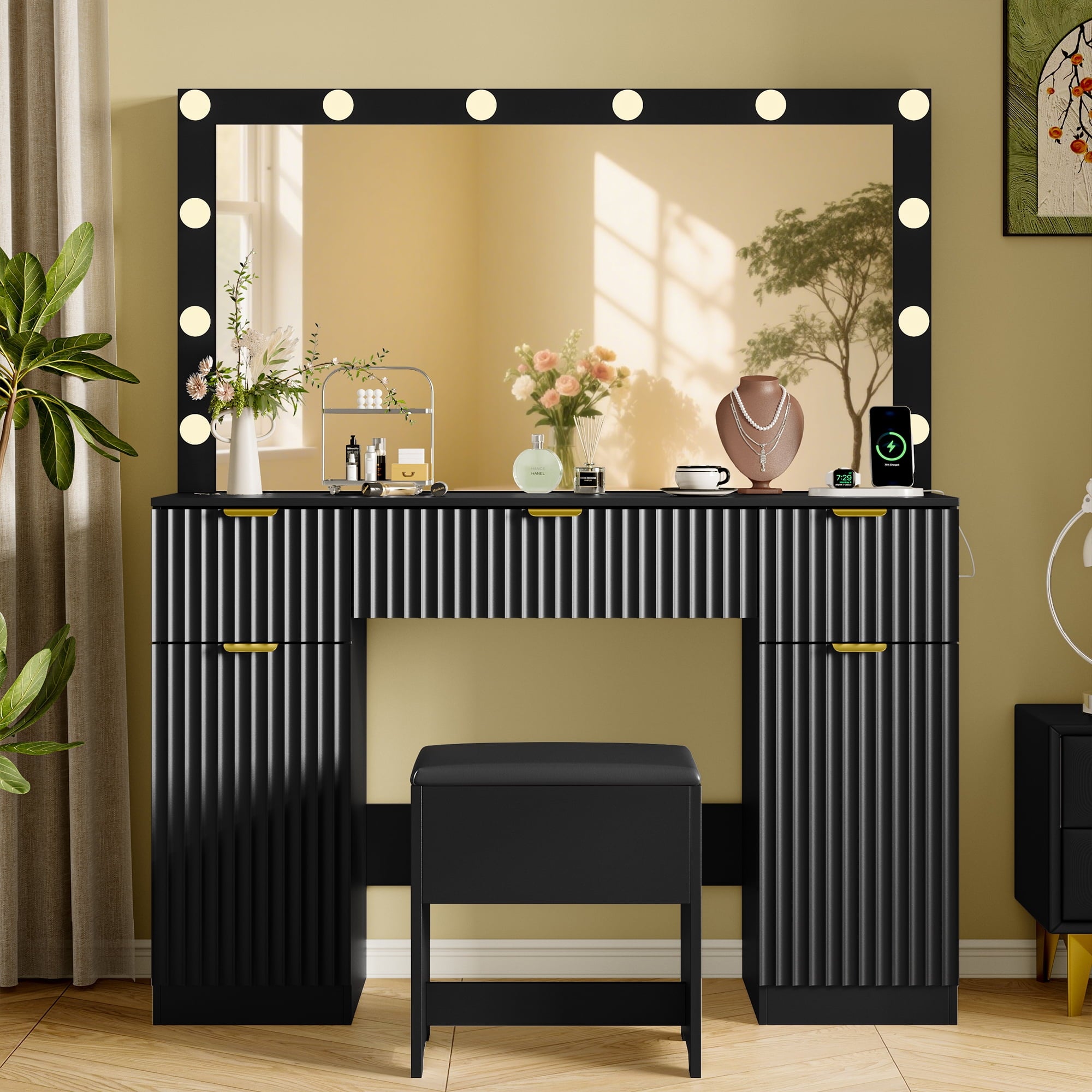 FANRAL Makeup Vanity Desk with Mirror and Lights,42" Fluted Vanity Table Set with Chair & Power Outlet,Large Dressing Table for Women Bedroom