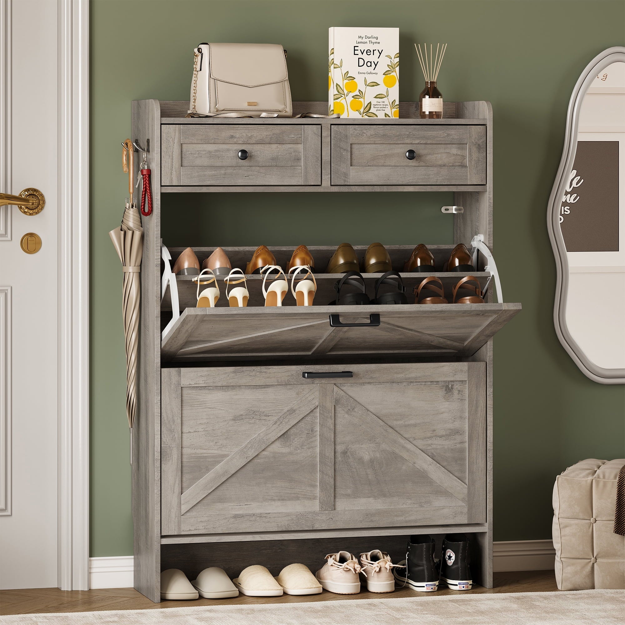 FANRAL Shoe Cabinet with 2 Flip Drawer & 2 Storage Drawer,Farmhouse Narrow Shoe Rack with Adjustable Shelve & Hook for Entryway,Hallway,