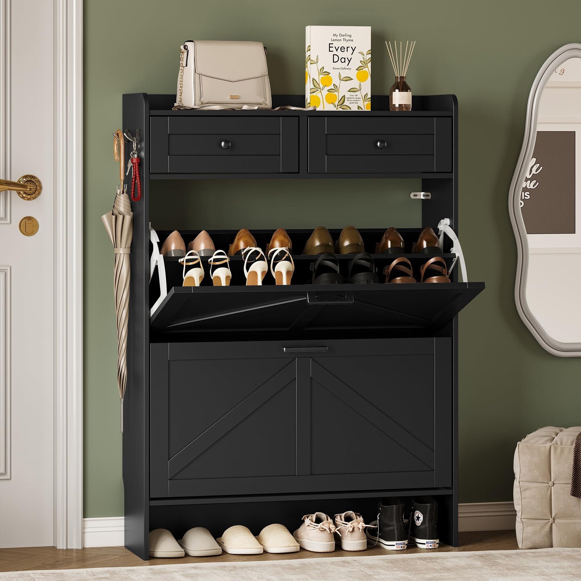 FANRAL Shoe Cabinet with 2 Flip Drawer & 2 Storage Drawer,Farmhouse Narrow Shoe Rack with Adjustable Shelve & Hook for Entryway,Hallway,