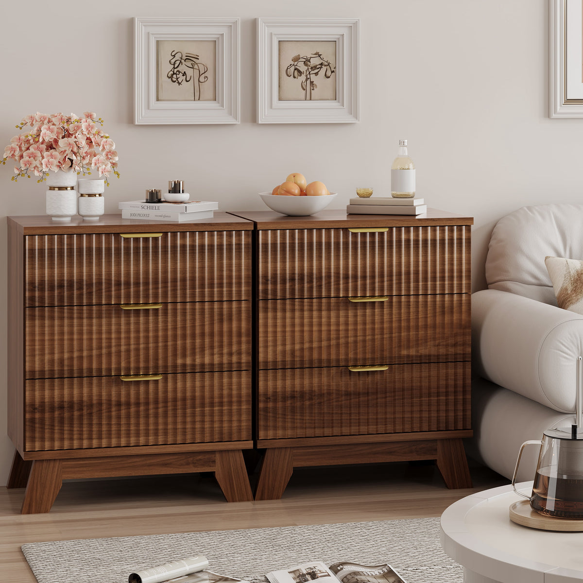 FANRAL 3 Large Drawer Nightstand,30" Tall Night Stand,24" Wide Side Table, Fluted Bedside Table Modern End Table Small Dresser for Bedroom, Nightstand