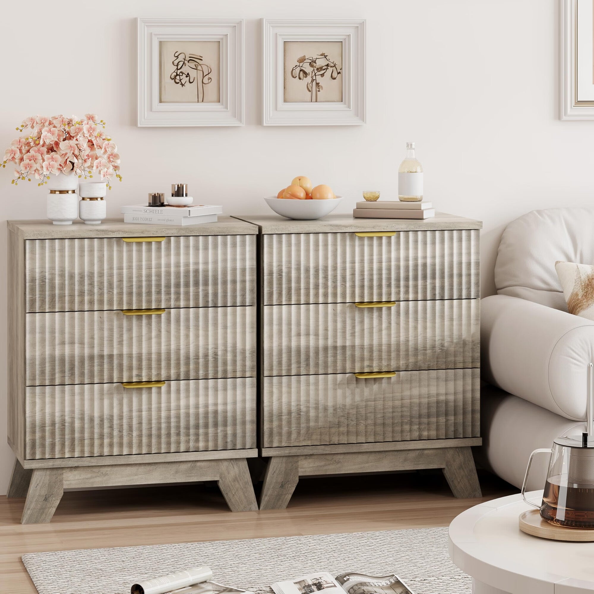 FANRAL 3 Large Drawer Nightstand,30" Tall Night Stand,24" Wide Side Table,Wood Fluted Bedside Table Modern End Table Small Dresser for Bedroom