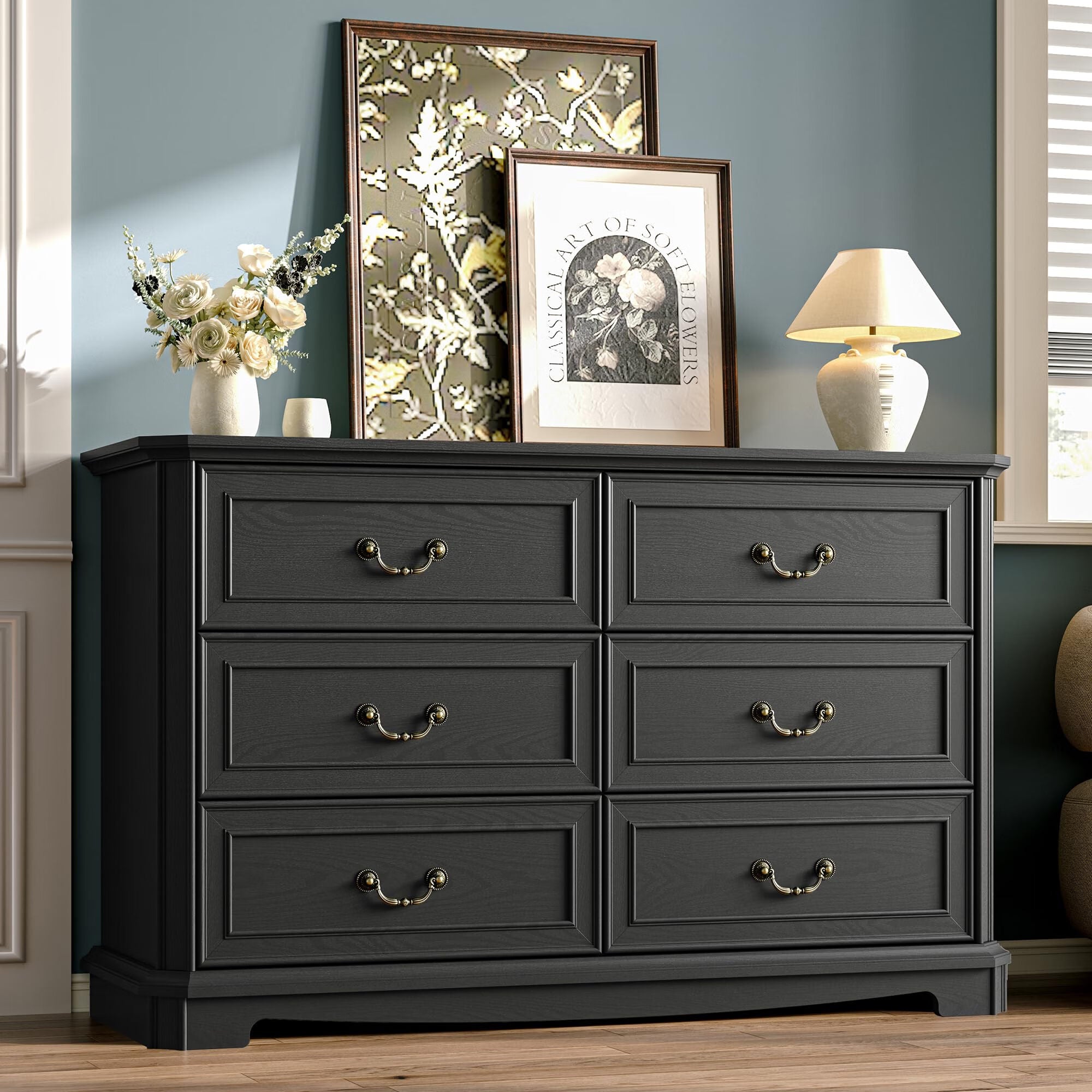 FANRAL Farmhouse 6 Drawers Dresser,Rustic Dresser for Bedroom,Chest of Drawers with Metal Handle,en Dresser for Closet, Dresser