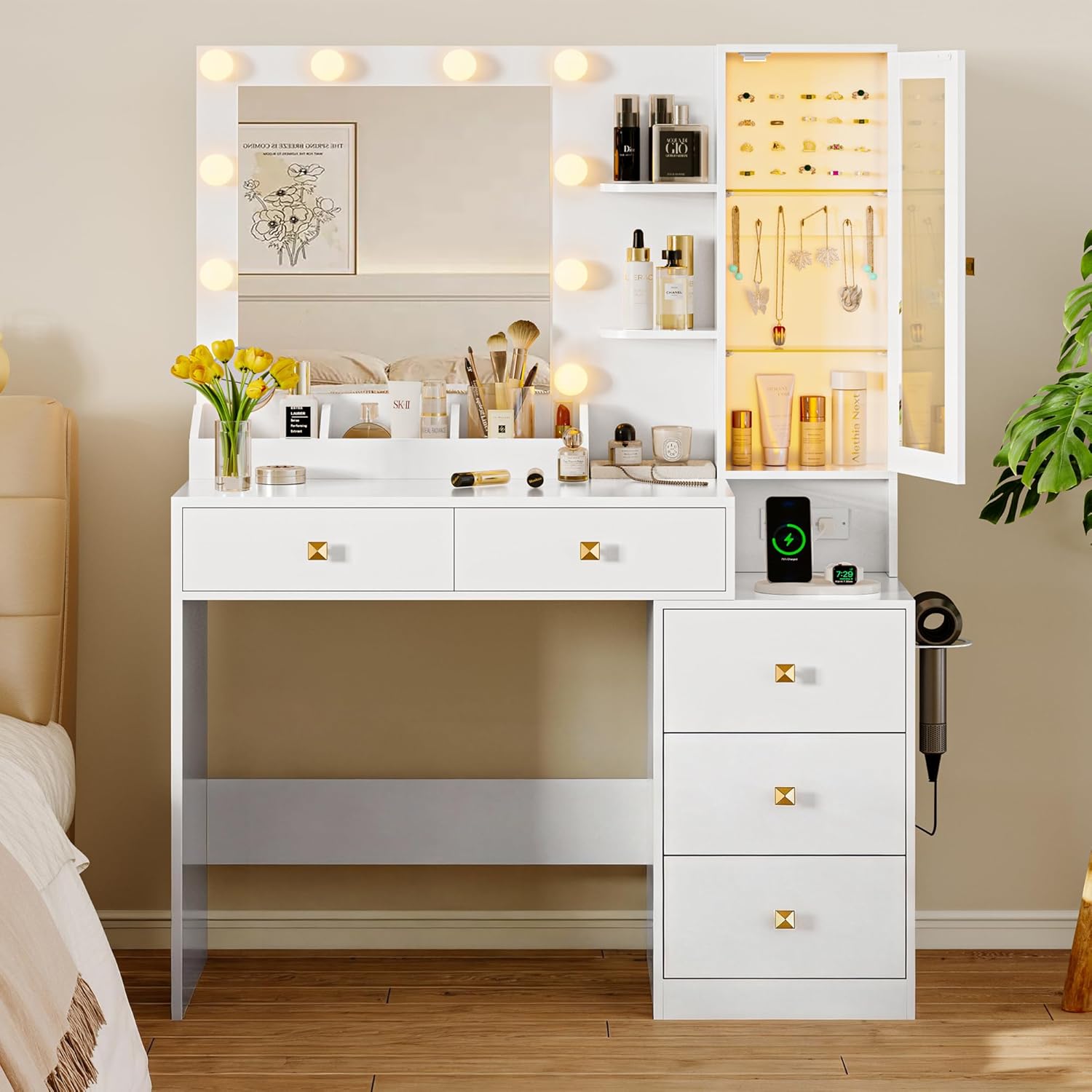 FANRAL Vanity Set with Mirror and Lights,Makeup Vanity Desk with Drawers & Chair & Jewelry Storage Cabinet, Vanity