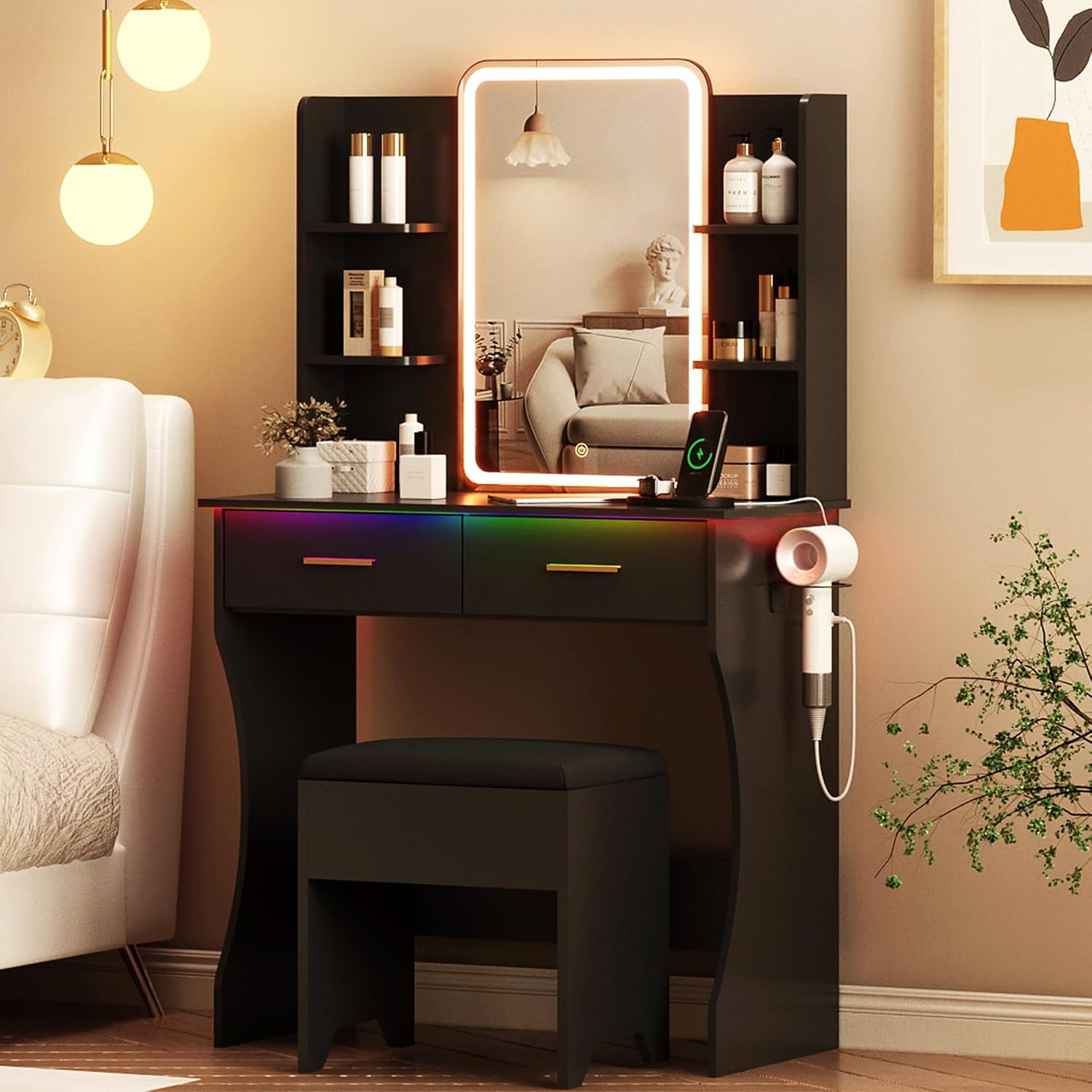 FANRAL Vanity Desk with Mirror and LED Lights,Small Makeup Vanity Table with Storage Drawers & Chair & Power Outlet,Bedroom Vanity Set