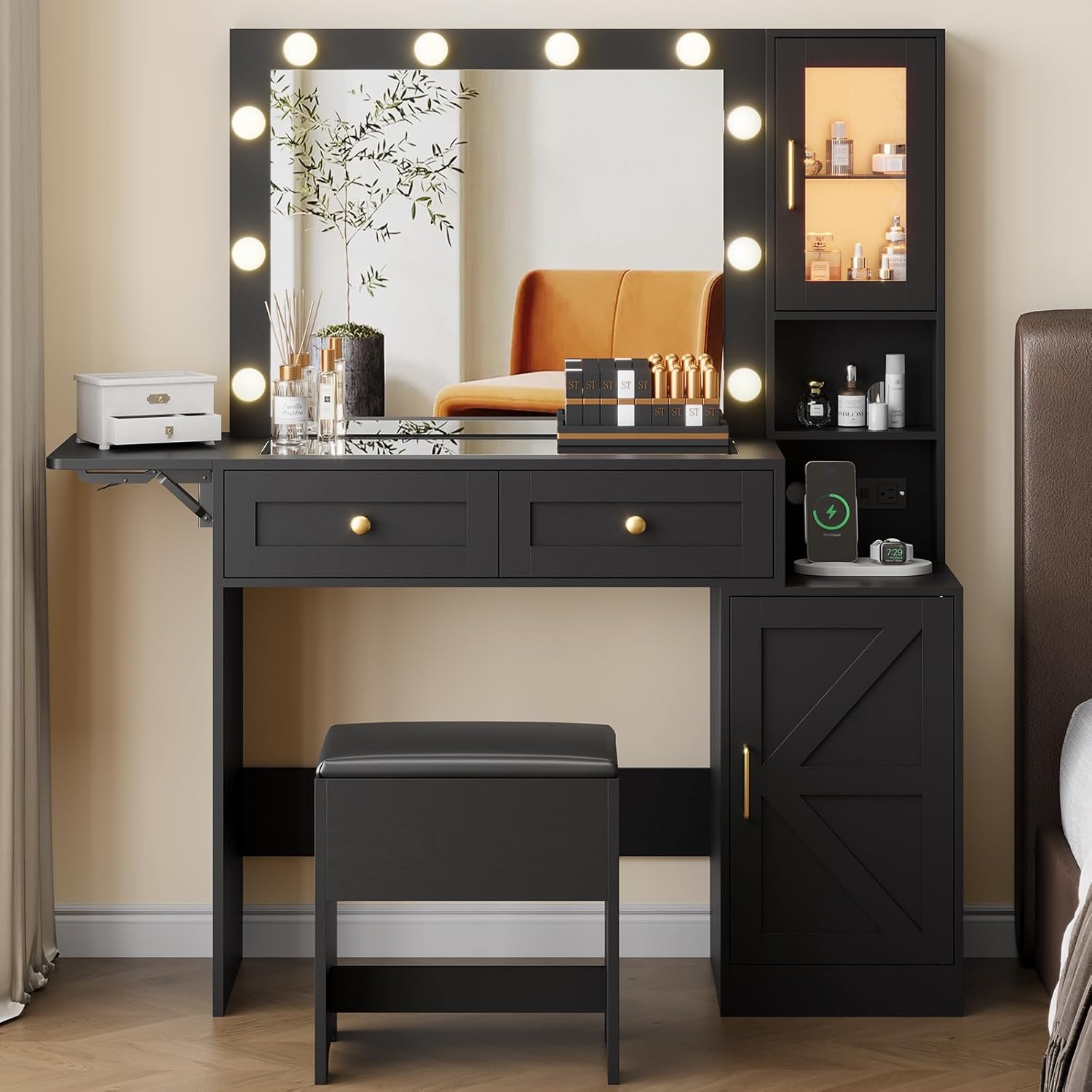 FANRAL Makeup Vanity Desk with Mirror and Lights,Glass Top Vanity Set with Fold-Up Panel & One Dividers Drawer