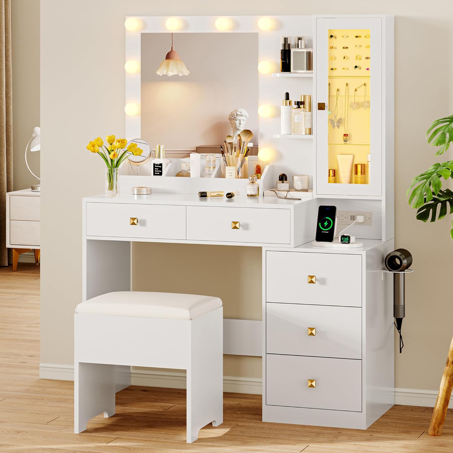 FANRAL Vanity Desk with Mirror and Lights,Makeup Vanity with 5 Drawer & LED Glass Cabinet,3 Light Mode and Brightness Adjusted,Vanities Mirror with Light Desk and Chair, Vanity