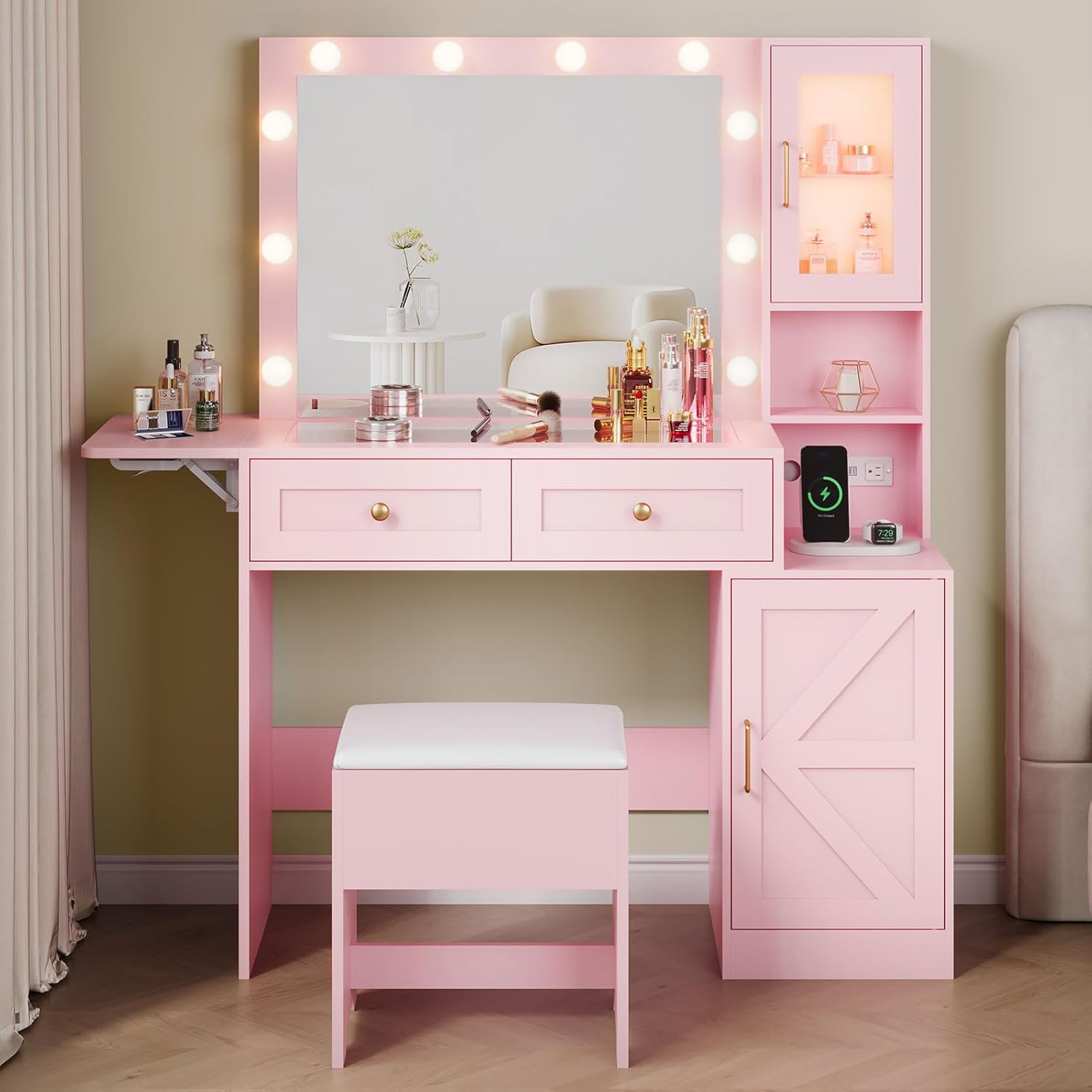 FANRAL Makeup Vanity Desk with Mirror and Lights,Glass Top Vanity Set with Fold-Up Panel & One Dividers Drawer