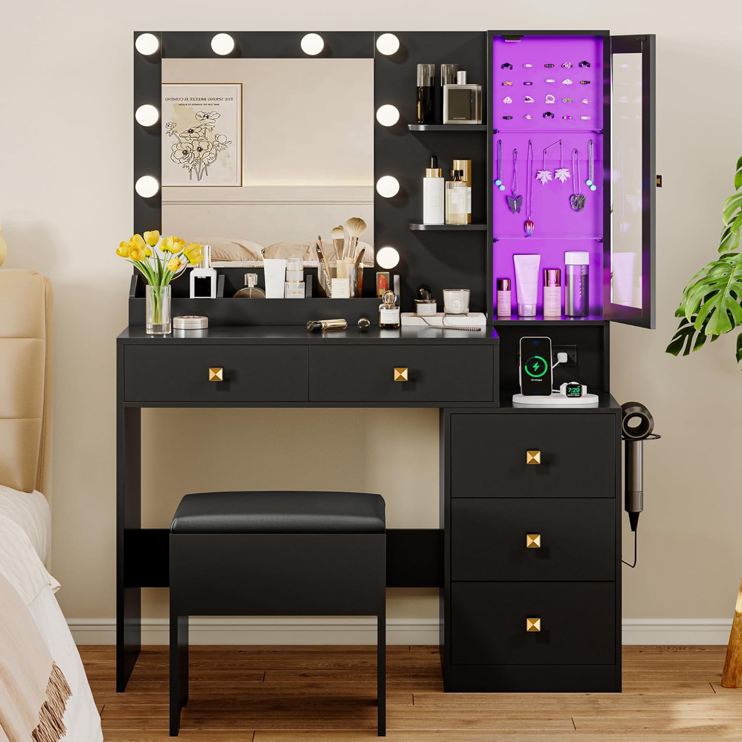 FANRAL Vanity Set with Mirror and Lights,Makeup Vanity Desk with Drawers & Chair & Jewelry Storage Cabinet, Vanity