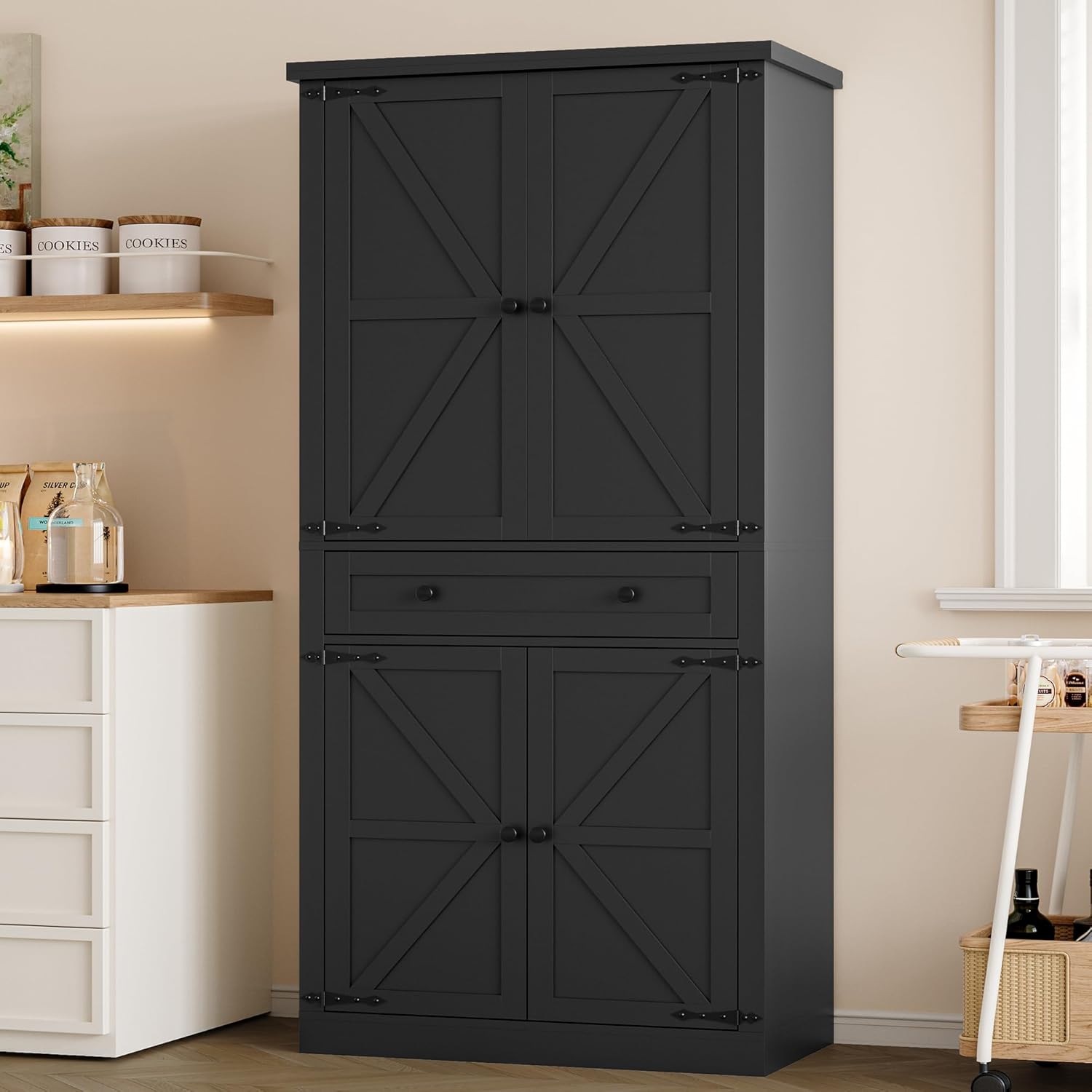 FANRAL 70¡± Tall Pantry Organizers and Storage Cabinet with Barn Doors & Drawers,Adjustable Shelf,Tall Pantry for Kitchen Dining Room Living Room Bedroom, Pantry Cabinet