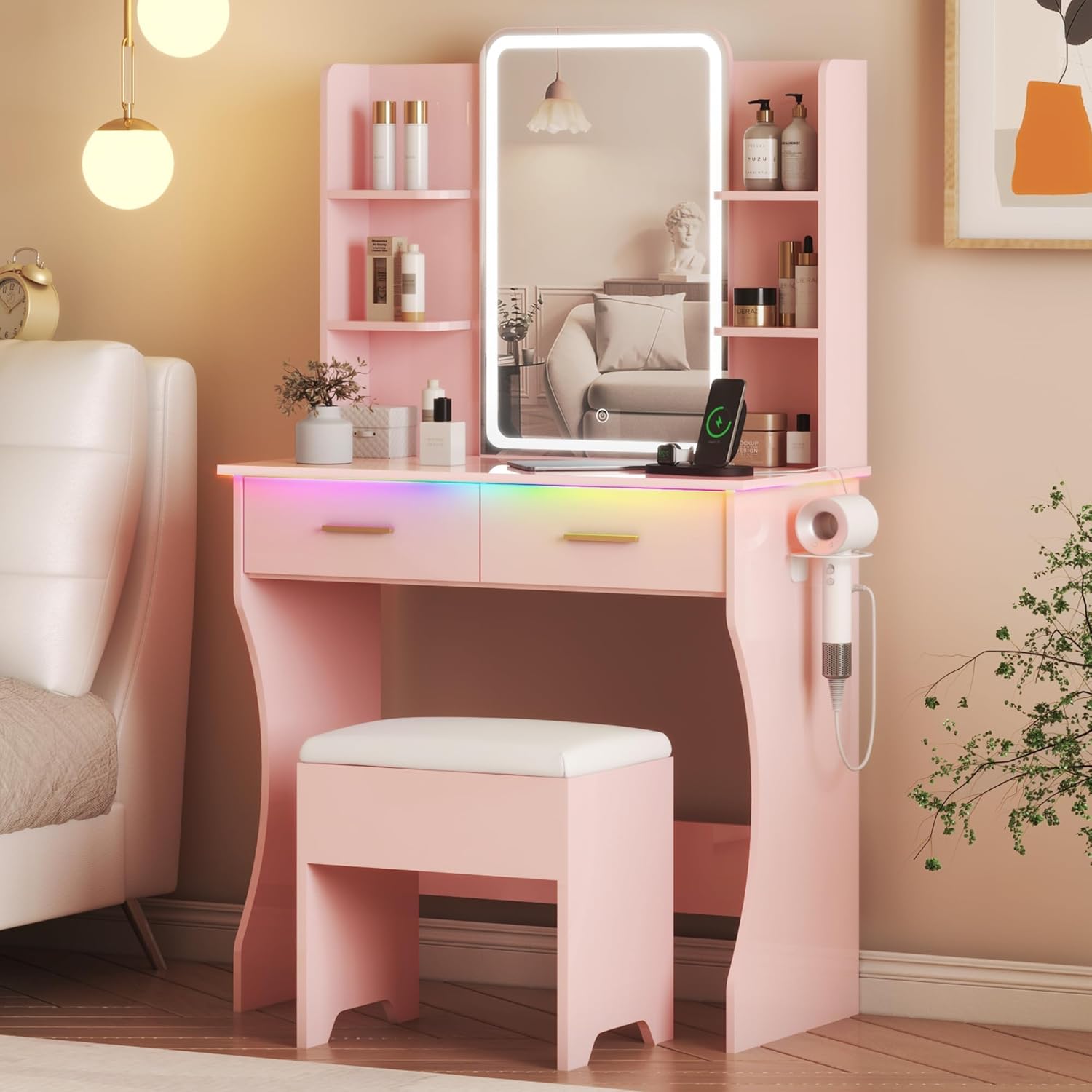 FANRAL Vanity Set with Mirror and Lights,31.5" Small Vanity Bedroom Vanity Desk,Makeup Vanity with Chair & Drawers & Power Outlet, Vanity