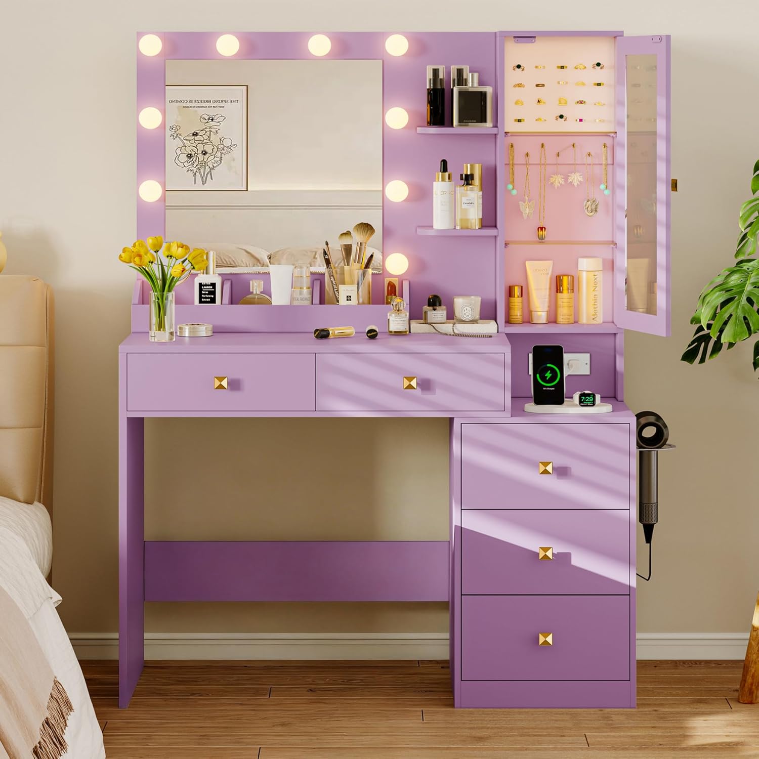 FANRAL Vanity Set with Mirror and Lights,Makeup Vanity Desk with Drawers & Chair & Jewelry Storage Cabinet, Vanity