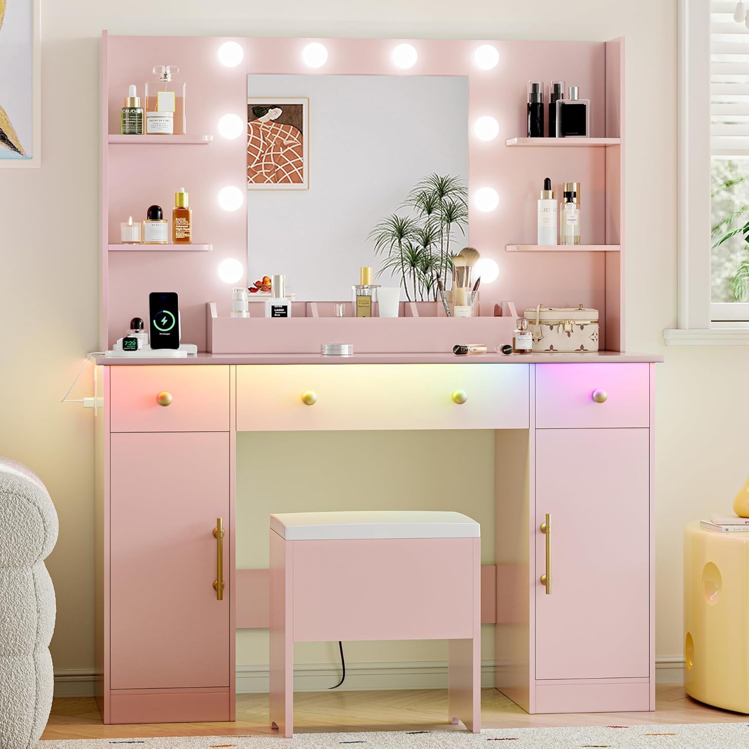 FANRAL Vanity Desk with Mirror and Lights,Large Makeup Vanity Table Set with Drawers & Chair & Power Outlet,Vanity for Bedroom