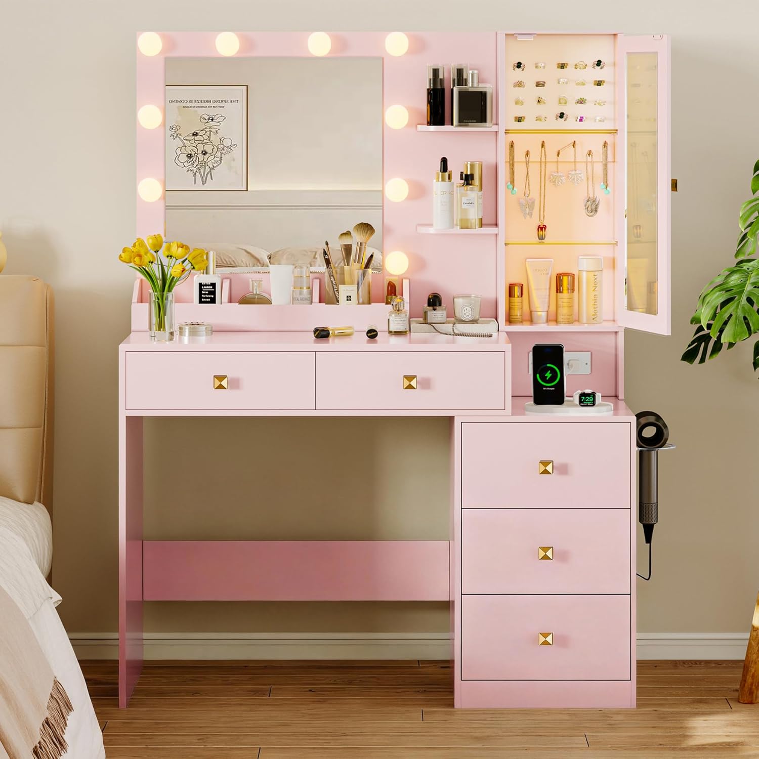 FANRAL Vanity Set with Mirror and Lights,Makeup Vanity Desk with Drawers & Chair & Jewelry Storage Cabinet, Vanity