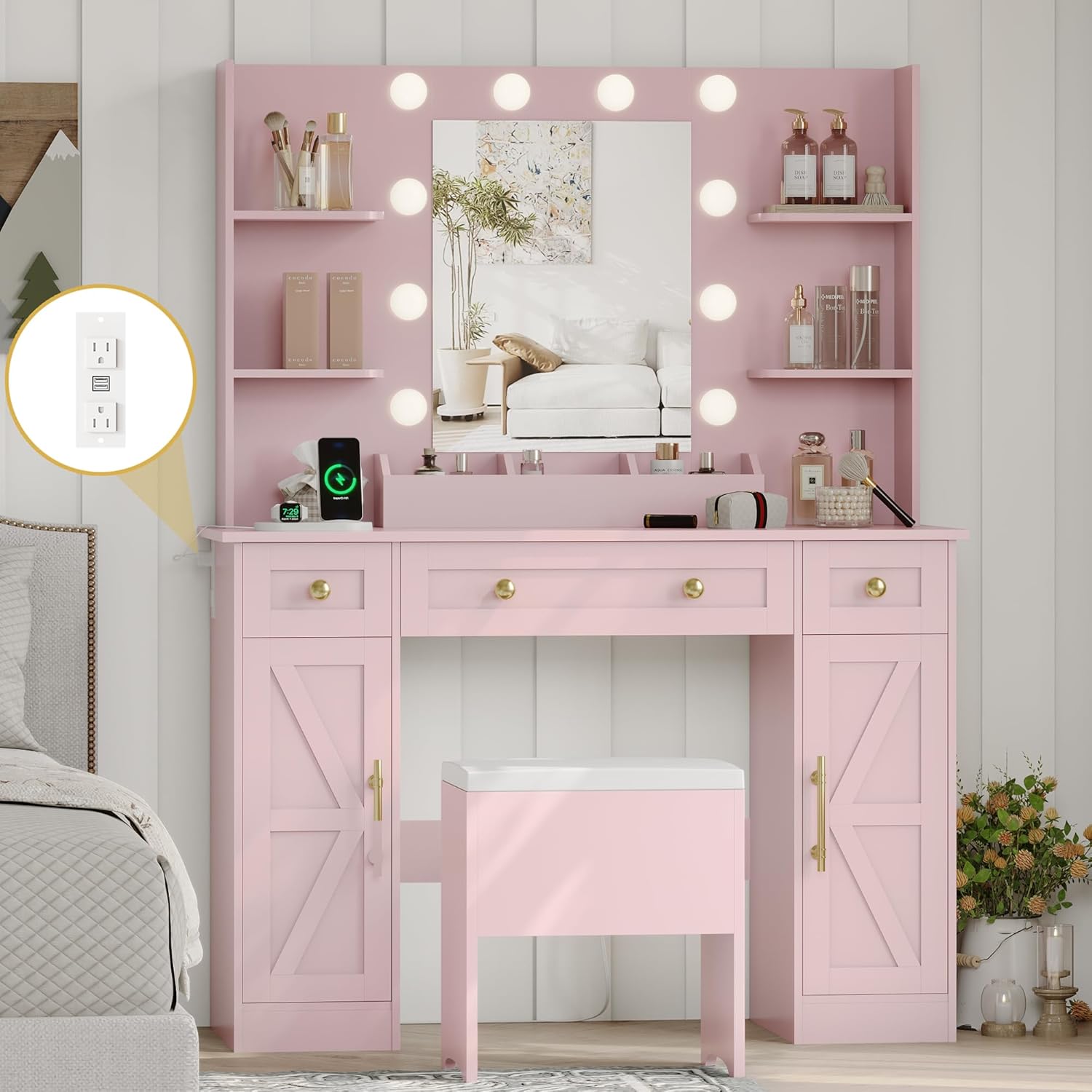 FANRAL Makeup Vanity Desk with Mirror and Lights,43" Farmhouse Vanity Table Set with Chair & Power Outlet,Large Dressing Table for Women Bedroom