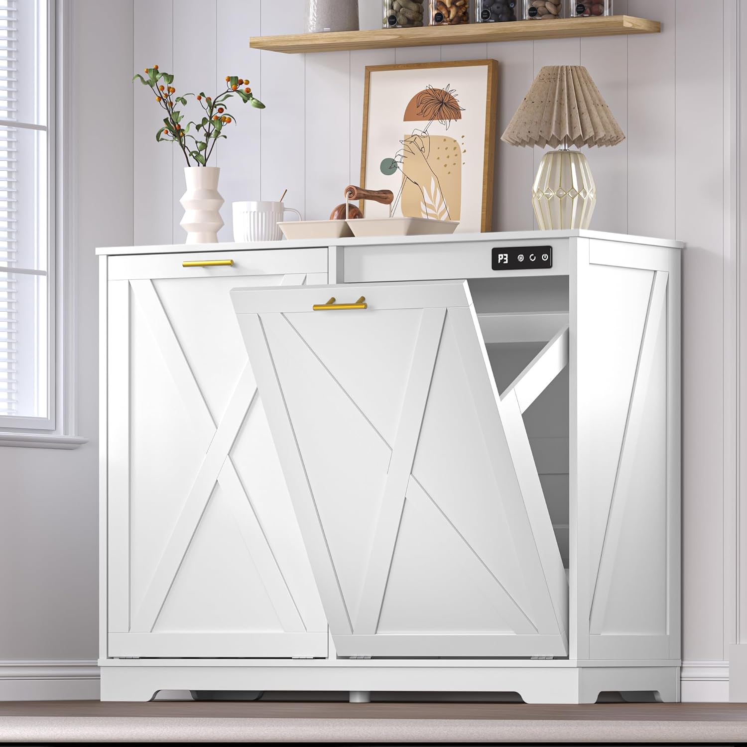 FANRAL Tilt Out Trash Can Cabinet for 2 Bins,Hidden Recycle Garbage Enclosure with Negative Ion & Ozone Odor Control,en Double Storage Cabinet for Kitchen Bathroom Laundry Room