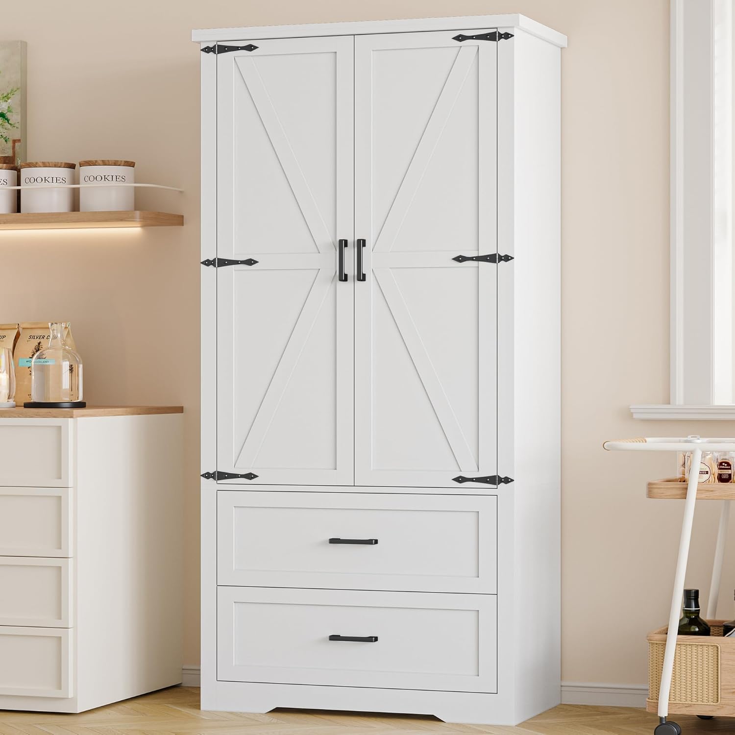 FANRAL 70¡± Tall Pantry Organizers and Storage Cabinet with Barn Doors & Drawers,Adjustable Shelf,Tall Pantry for Kitchen Dining Room Living Room Bedroom, Pantry Cabinet