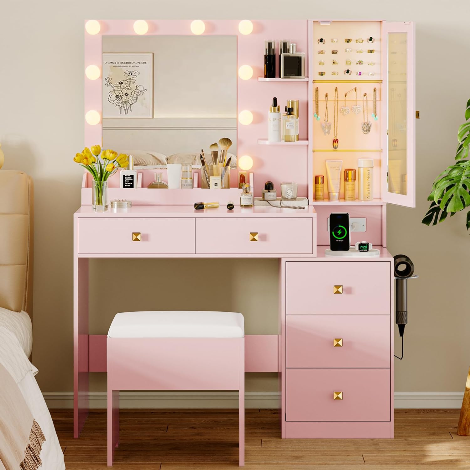 FANRAL Vanity Set with Mirror and Lights,Makeup Vanity Desk with Drawers & Chair & Jewelry Storage Cabinet, Vanity