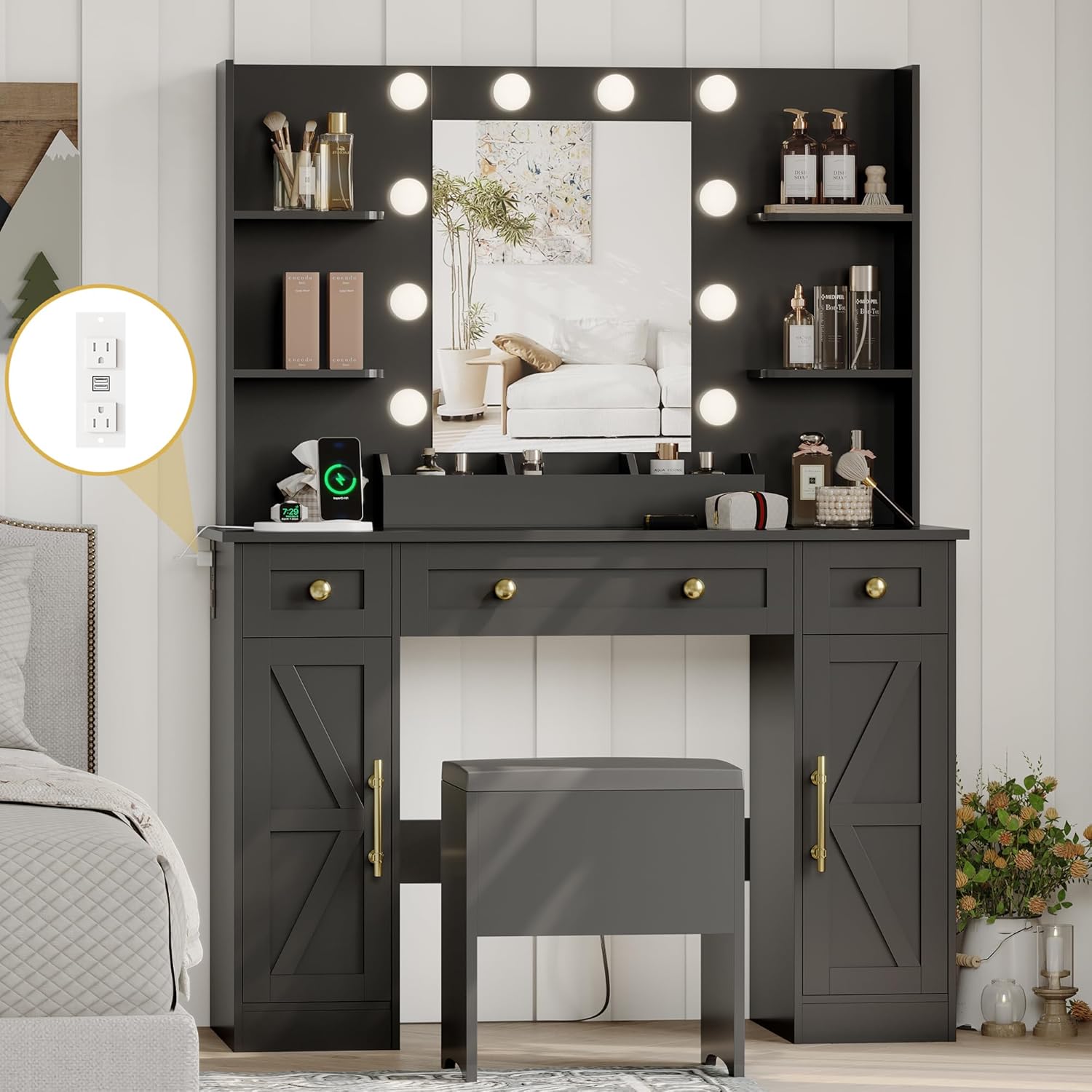 FANRAL Makeup Vanity Desk with Mirror and Lights,43" Farmhouse Vanity Table Set with Chair & Power Outlet,Large Dressing Table for Women Bedroom
