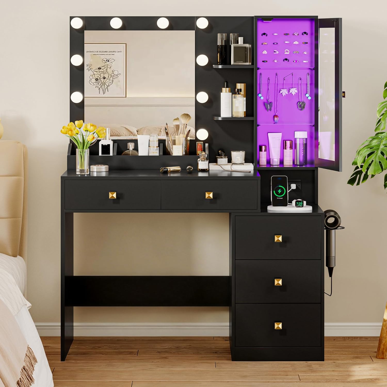 FANRAL Vanity Set with Mirror and Lights,Makeup Vanity Desk with Drawers & Chair & Jewelry Storage Cabinet, Vanity