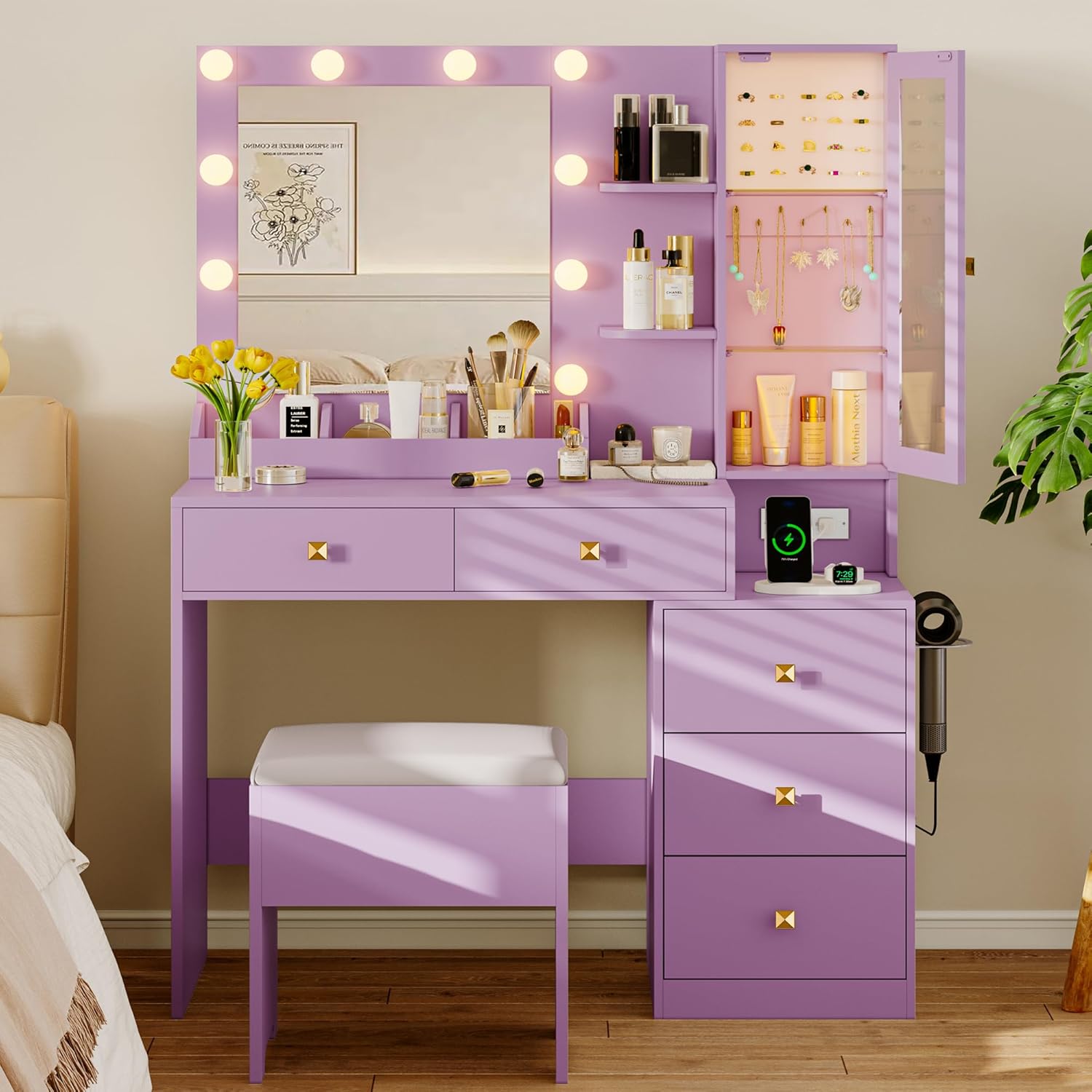 FANRAL Vanity Set with Mirror and Lights,Makeup Vanity Desk with Drawers & Chair & Jewelry Storage Cabinet, Vanity