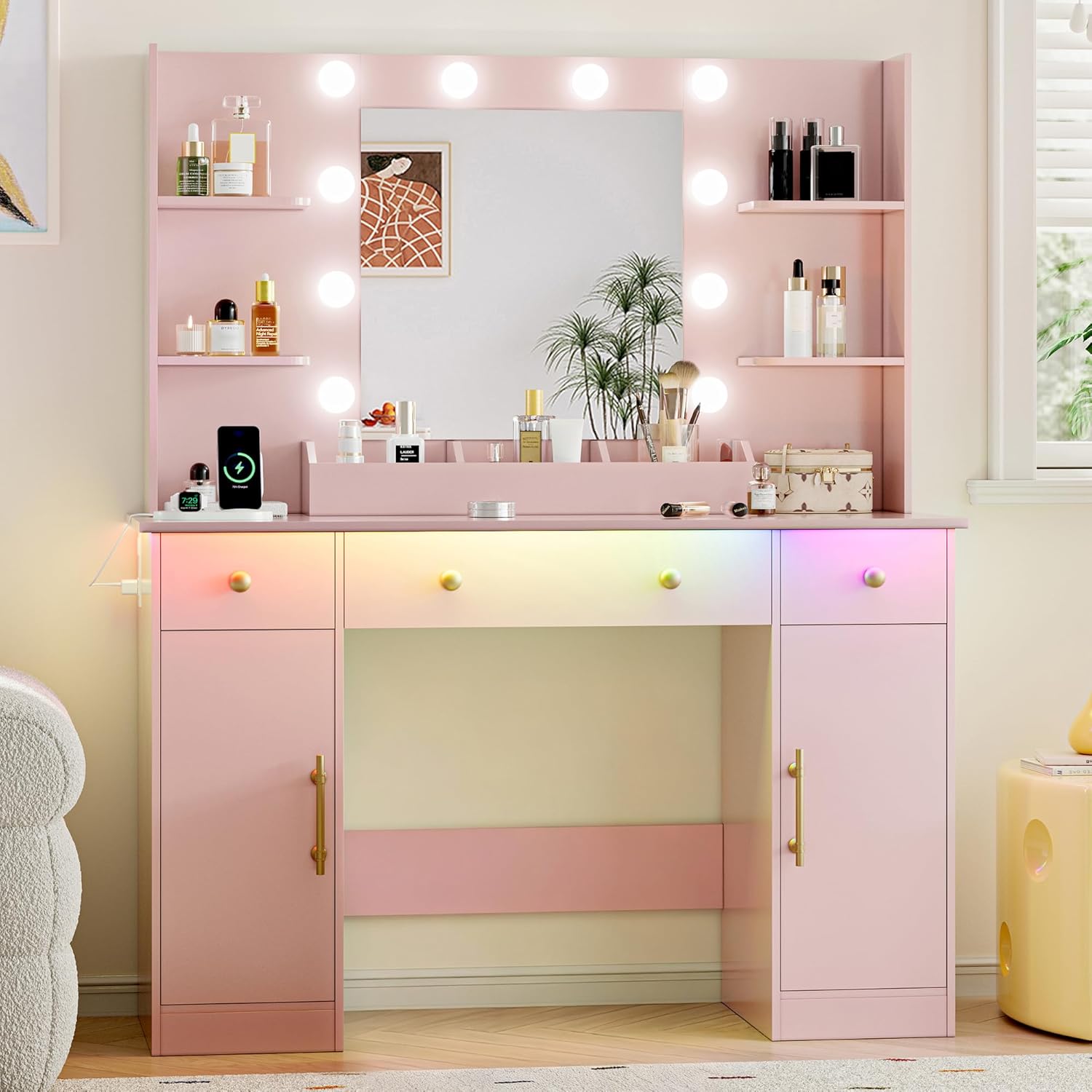 FANRAL 43'' Vanity Desk with 10 Lights & Under-Table RGB Strip,Built-in Power Outlets,Cushioned Stool & Large Storage,Dressing Table for Bedroom Bathroom Grooming, Vanity