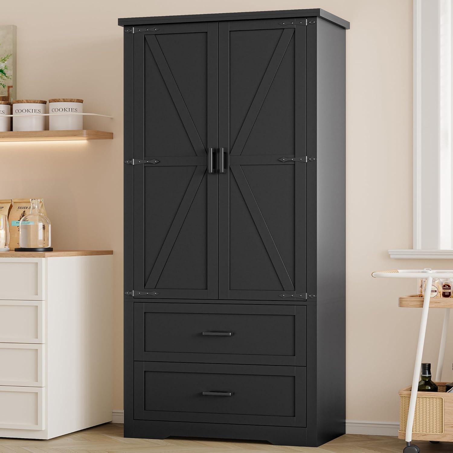 FANRAL 70¡± Tall Pantry Organizers and Storage Cabinet with Barn Doors & Drawers,Adjustable Shelf,Tall Pantry for Kitchen Dining Room Living Room Bedroom, Pantry Cabinet