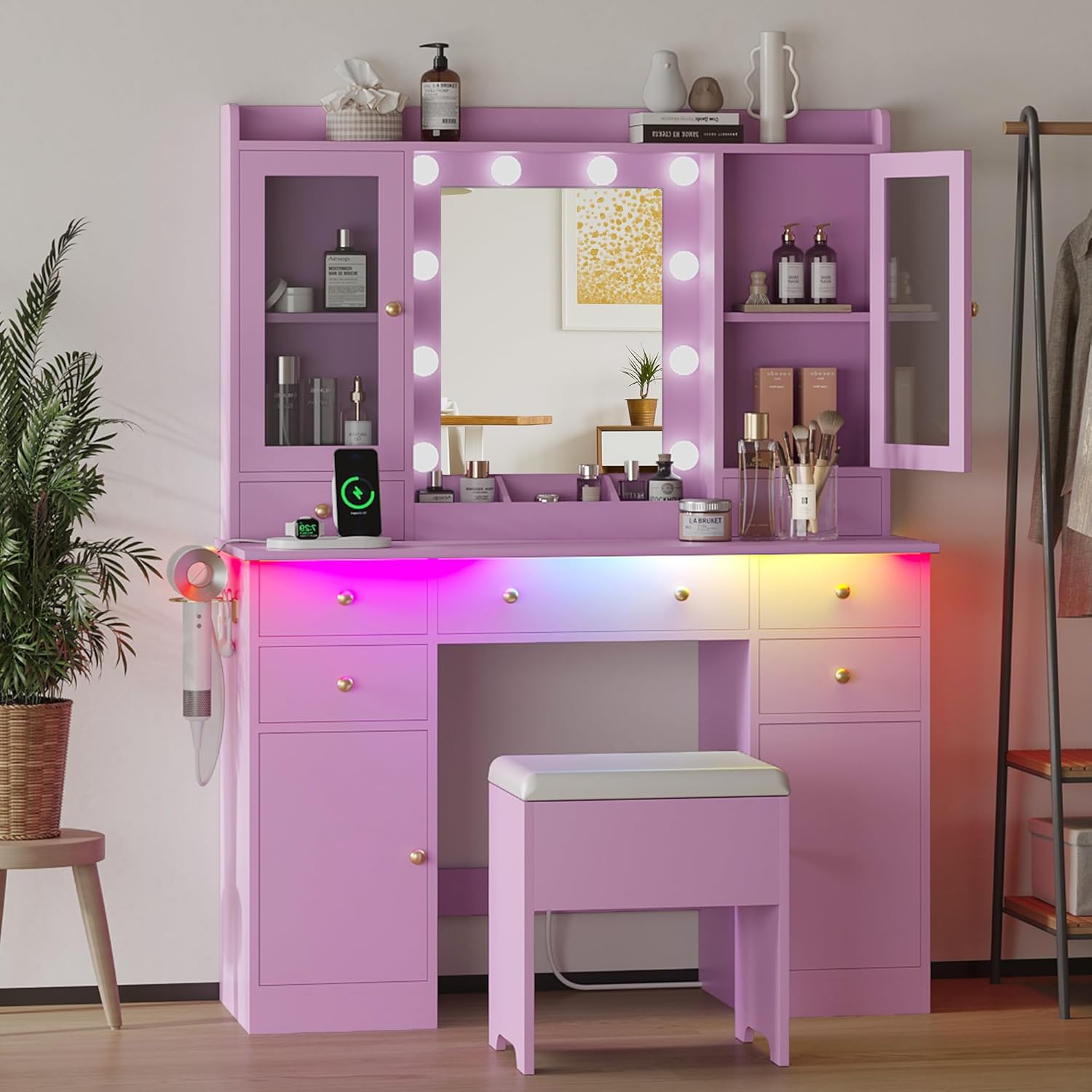 FANRAL Makeup Vanity Desk with Mirror and Lights,Vanity Table Set with Chair,Large Dressing Table with RGB Ambient Light
