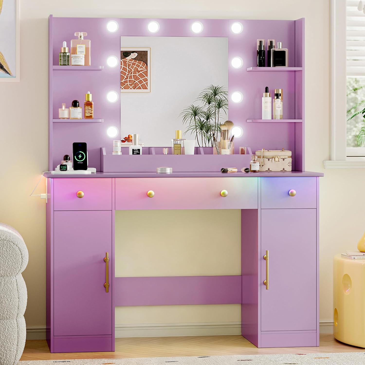 FANRAL 43'' Vanity Desk with 10 Lights & Under-Table RGB Strip,Built-in Power Outlets,Cushioned Stool & Large Storage,Dressing Table for Bedroom Bathroom Grooming, Vanity