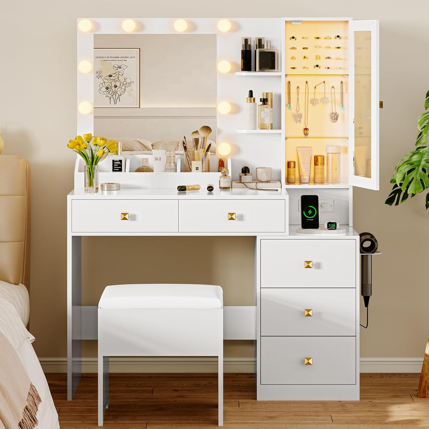 FANRAL Vanity Set with Mirror and Lights,Makeup Vanity Desk with Drawers & Chair & Jewelry Storage Cabinet, Vanity